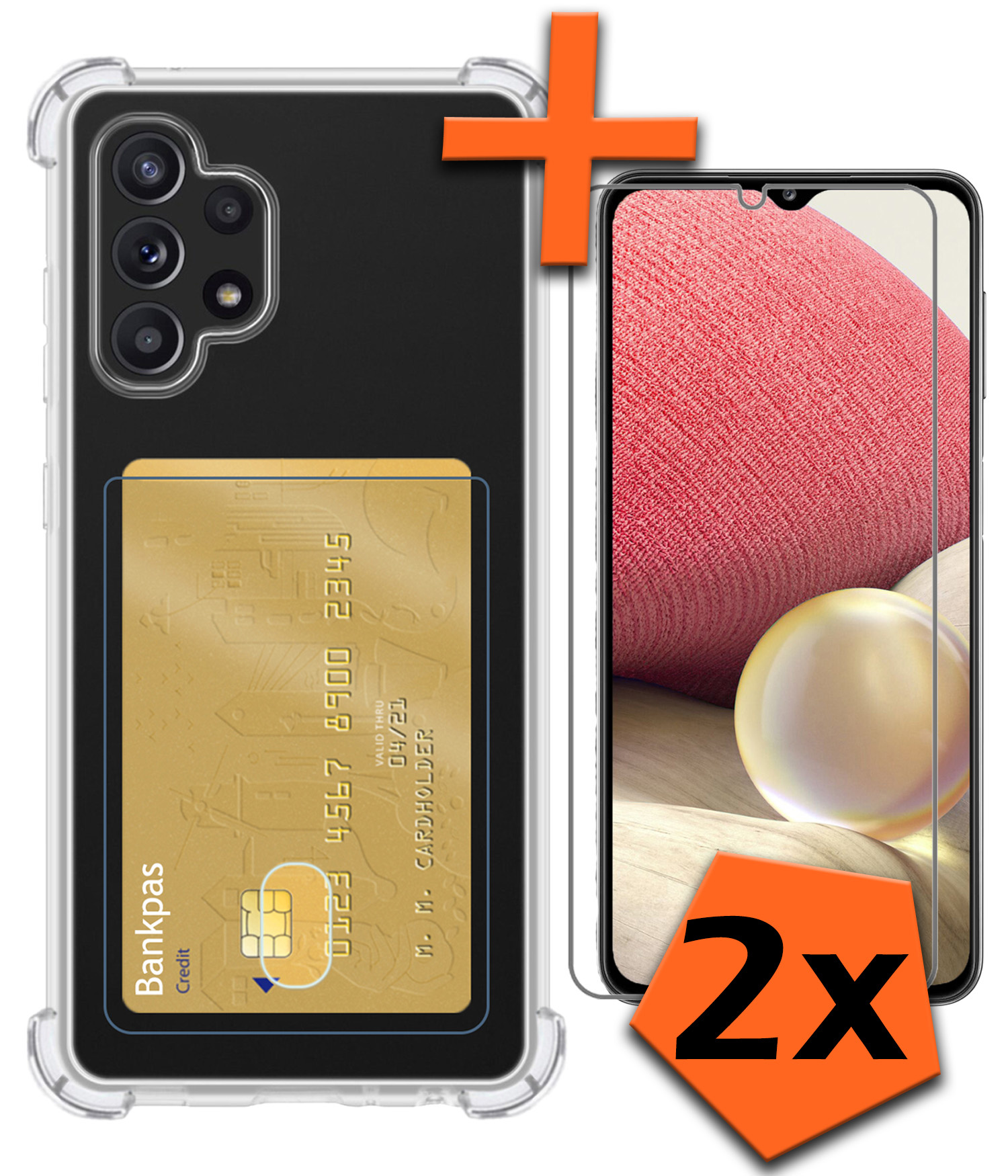 Nomfy Hoesje Geschikt voor Samsung A32 5G Hoesje Pasjeshouder Shockproof Pas Houder Met 2x Screenprotector - Hoesje Geschikt voor Samsung Galaxy A32 5G Hoes Met Kaarthouder - Transparant