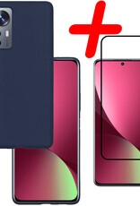 BASEY. Hoes Geschikt voor Xiaomi 12 Hoesje Siliconen Back Cover Case Met Screenprotector - Hoesje Geschikt voor Xiaomi 12 Hoes Cover Hoesje - Donkerblauw