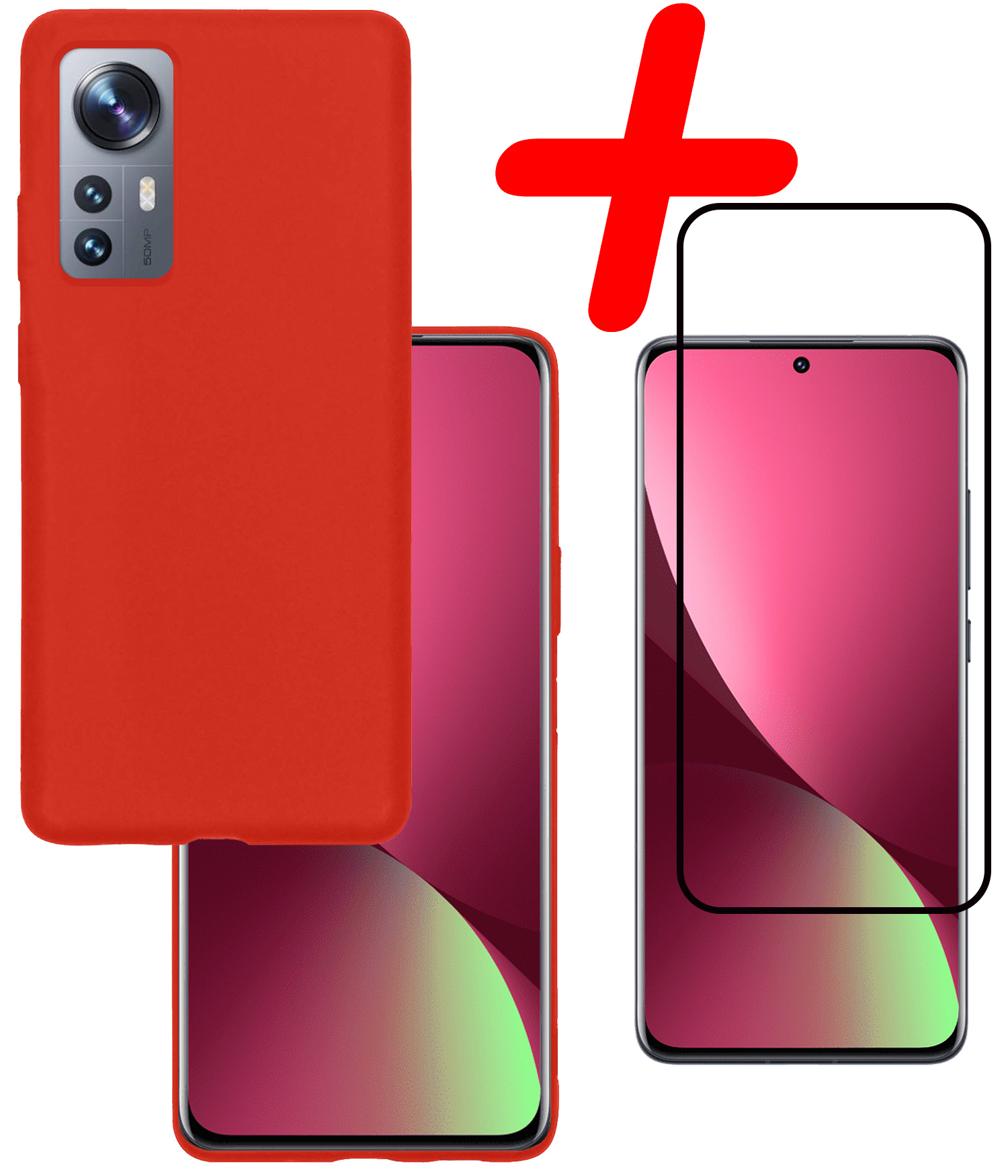 BASEY. Hoes Geschikt voor Xiaomi 12 Hoesje Siliconen Back Cover Case Met Screenprotector - Hoesje Geschikt voor Xiaomi 12 Hoes Cover Hoesje - Rood