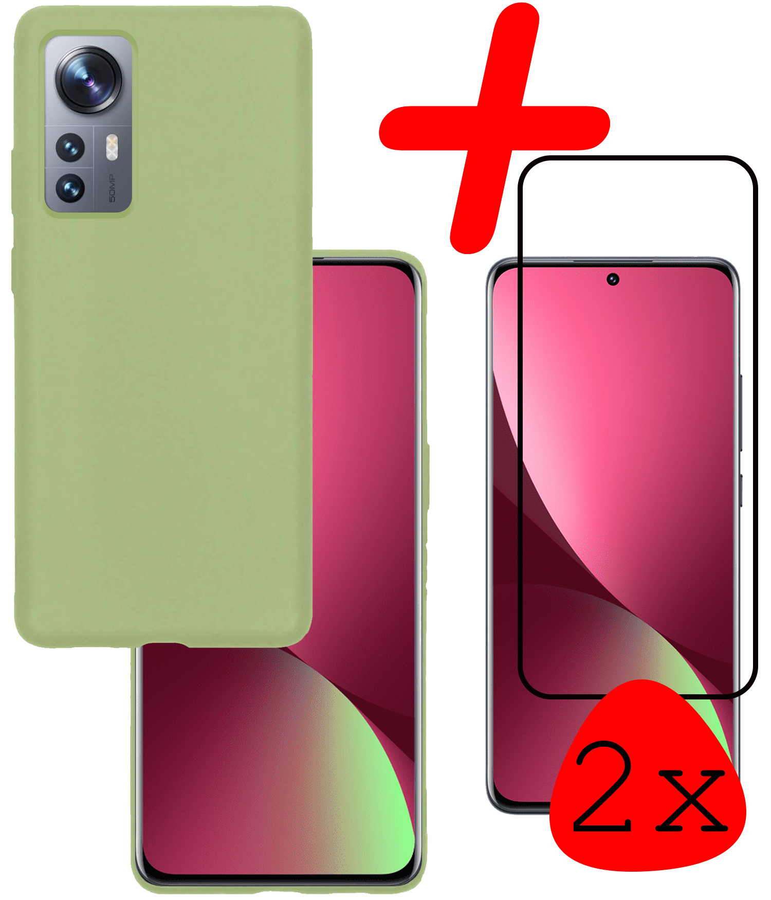BASEY. Hoes Geschikt voor Xiaomi 12 Hoesje Siliconen Back Cover Case Met 2x Screenprotector - Hoesje Geschikt voor Xiaomi 12 Hoes Cover Hoesje - Groen