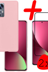 BASEY. Hoes Geschikt voor Xiaomi 12 Hoesje Siliconen Back Cover Case Met 2x Screenprotector - Hoesje Geschikt voor Xiaomi 12 Hoes Cover Hoesje - Roze