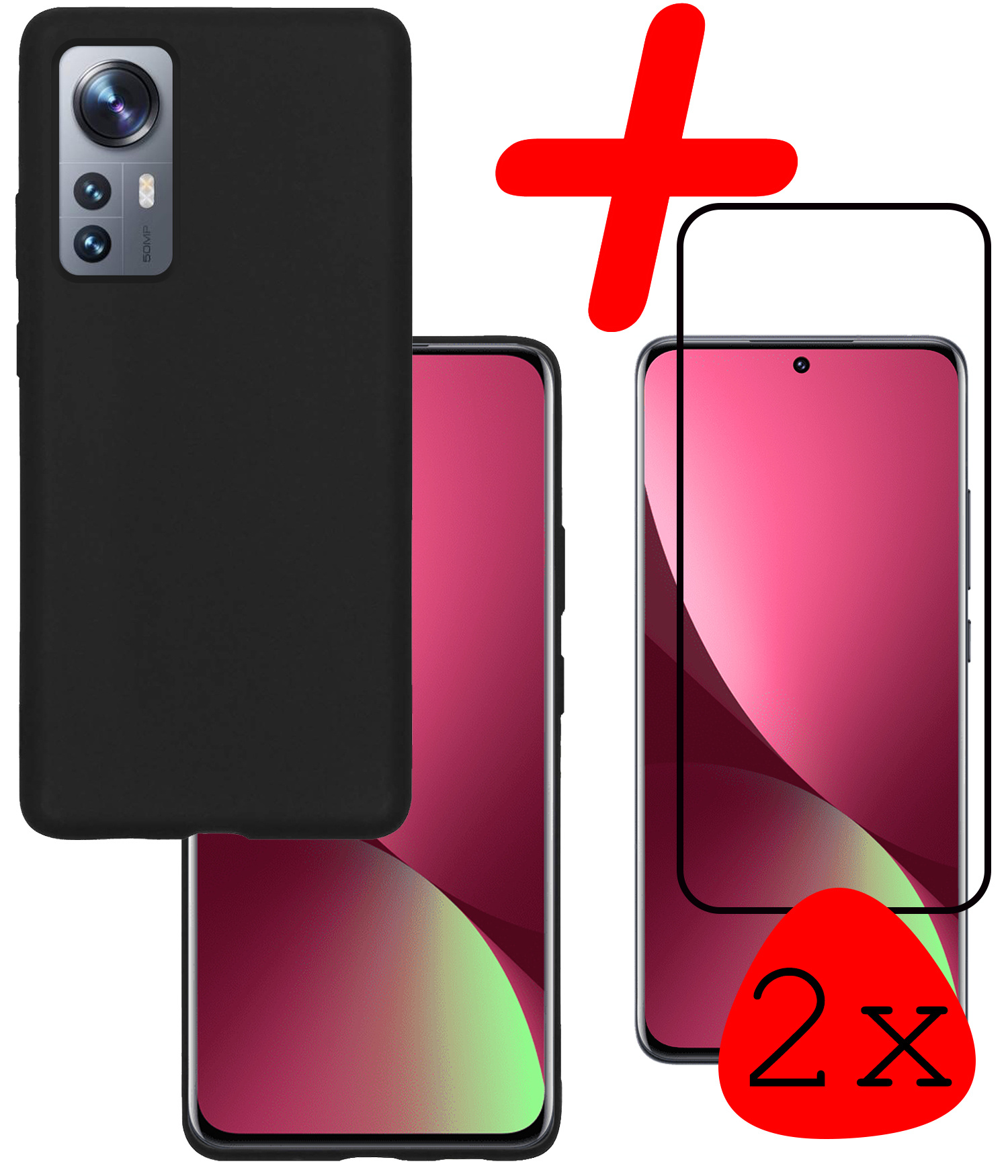 BASEY. Hoes Geschikt voor Xiaomi 12 Hoesje Siliconen Back Cover Case Met 2x Screenprotector - Hoesje Geschikt voor Xiaomi 12 Hoes Cover Hoesje - Zwart