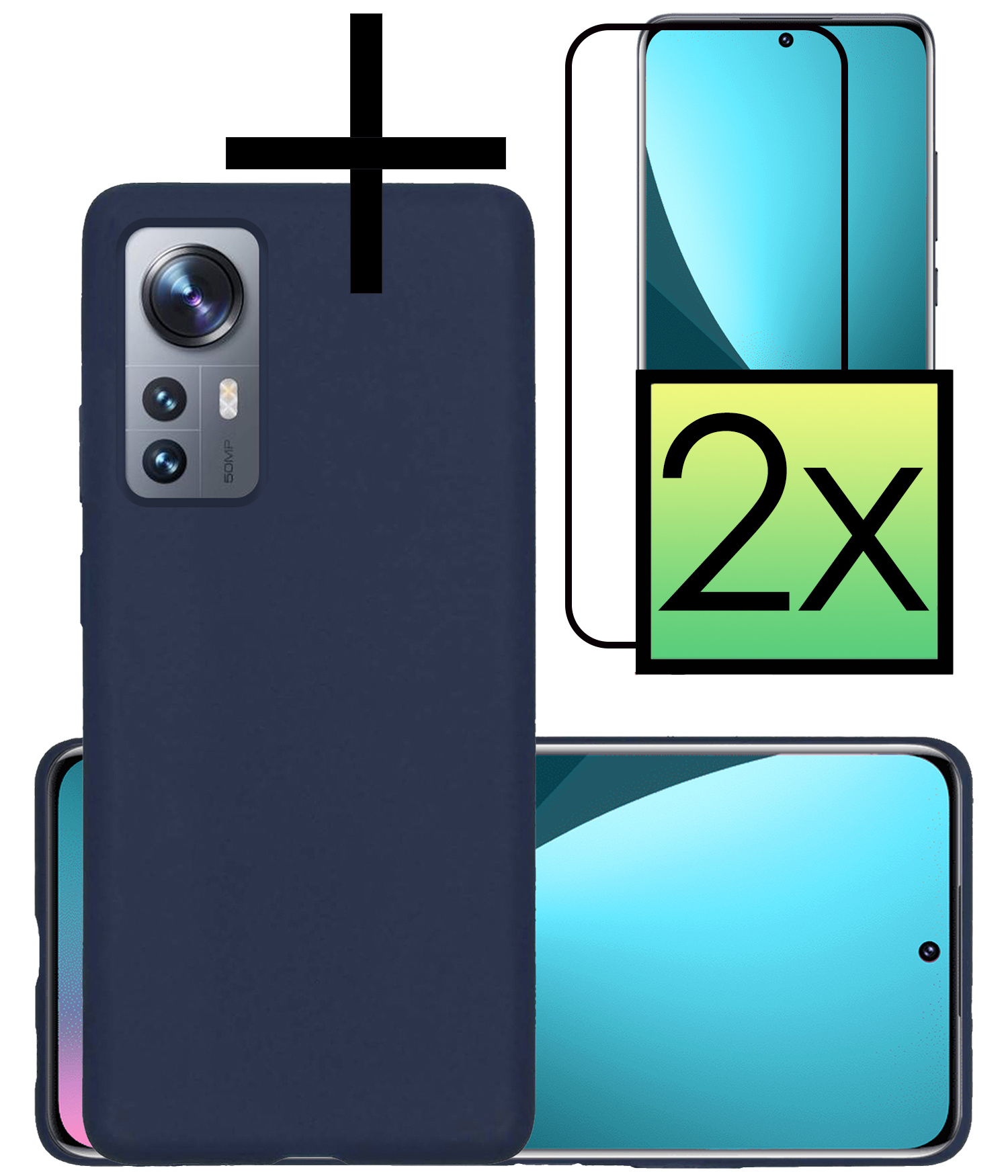 NoXx Xiaomi 12 Hoesje Back Cover Siliconen Case Hoes Met 2x Screenprotector - Donker Blauw