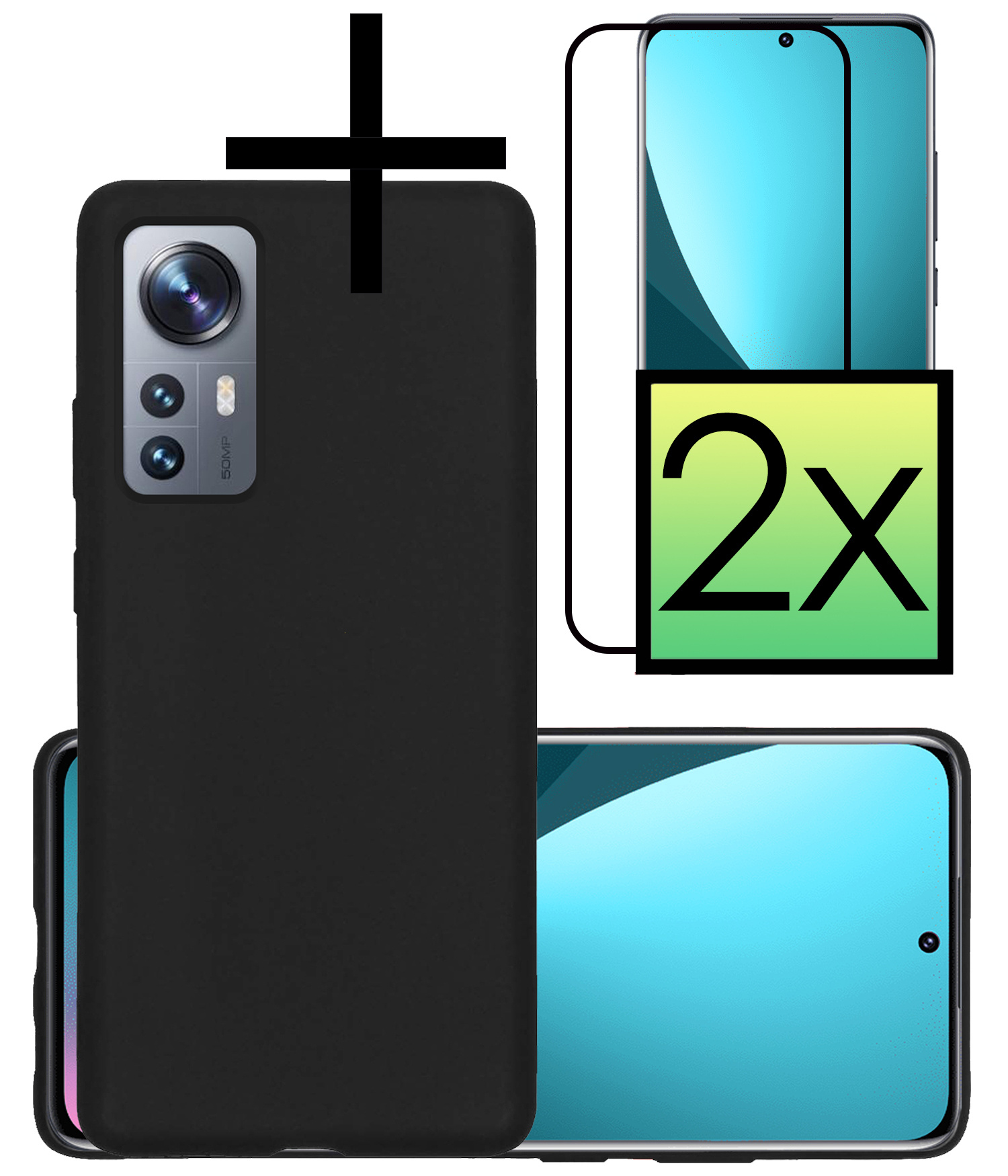 NoXx Xiaomi 12 Hoesje Back Cover Siliconen Case Hoes Met 2x Screenprotector - Zwart