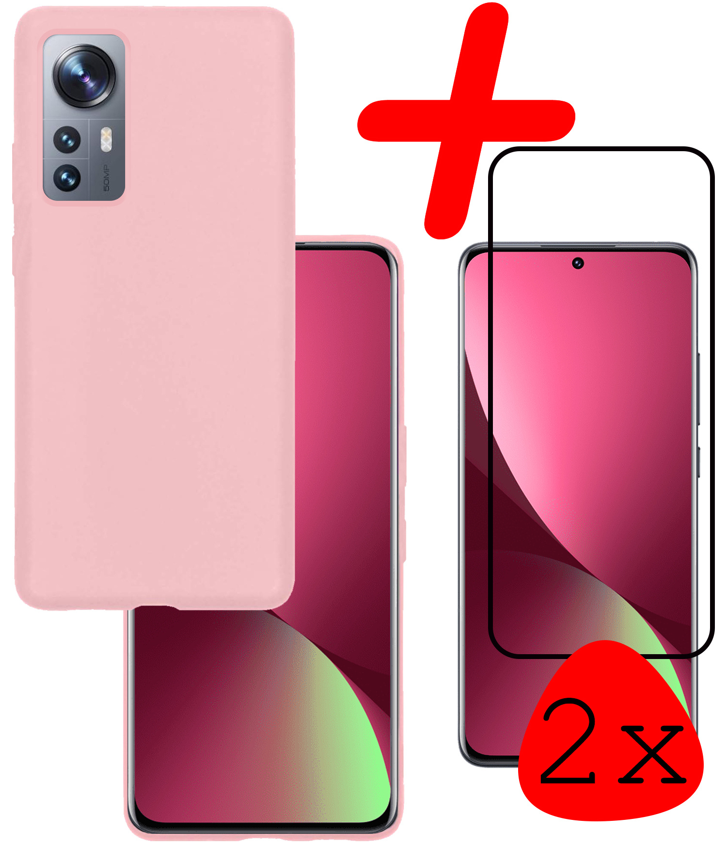 BASEY. Hoes Geschikt voor Xiaomi 12X Hoesje Siliconen Back Cover Case Met 2x Screenprotector - Hoesje Geschikt voor Xiaomi 12X Hoes Cover Hoesje - Roze