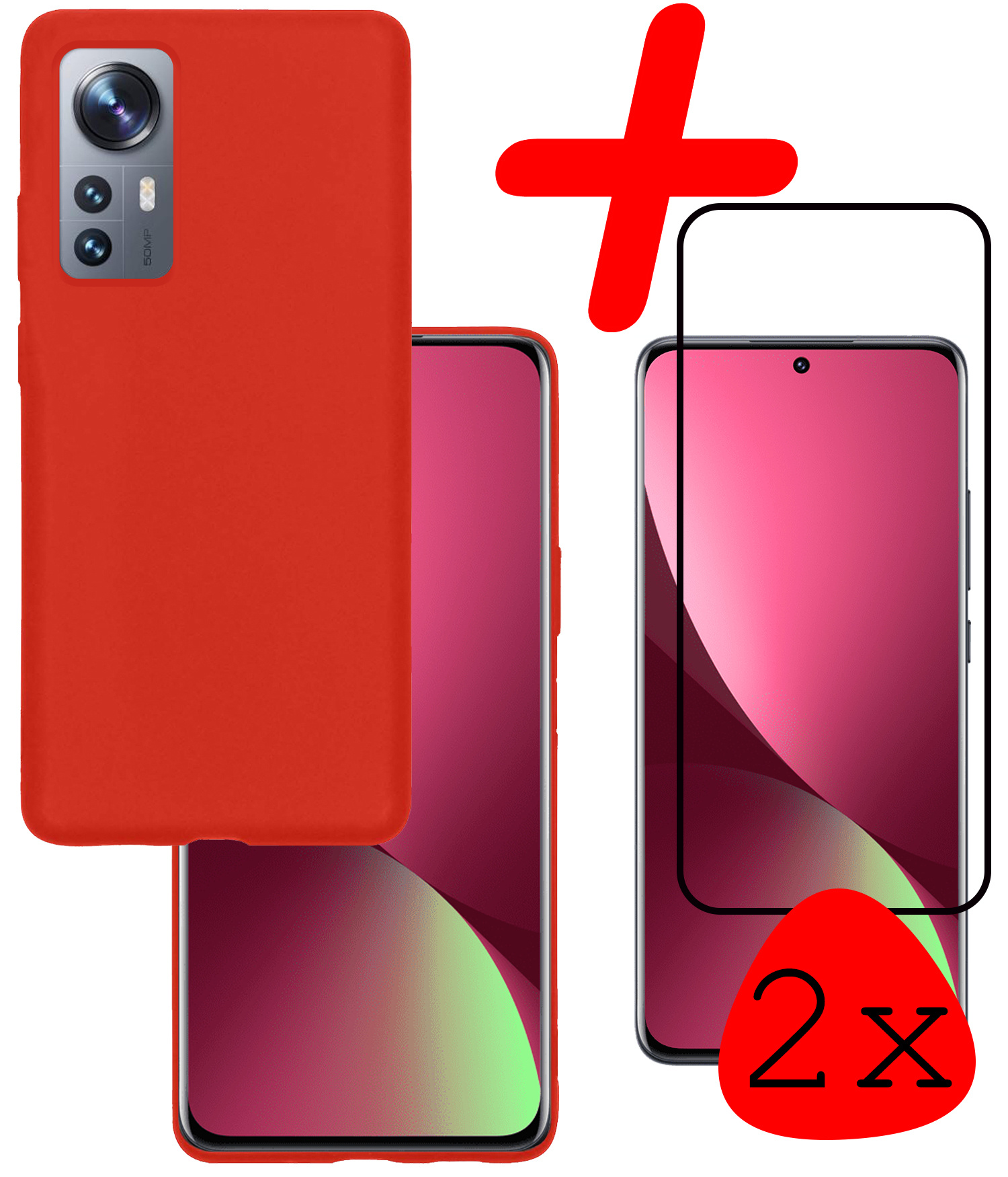 BASEY. Hoes Geschikt voor Xiaomi 12X Hoesje Siliconen Back Cover Case Met 2x Screenprotector - Hoesje Geschikt voor Xiaomi 12X Hoes Cover Hoesje - Rood