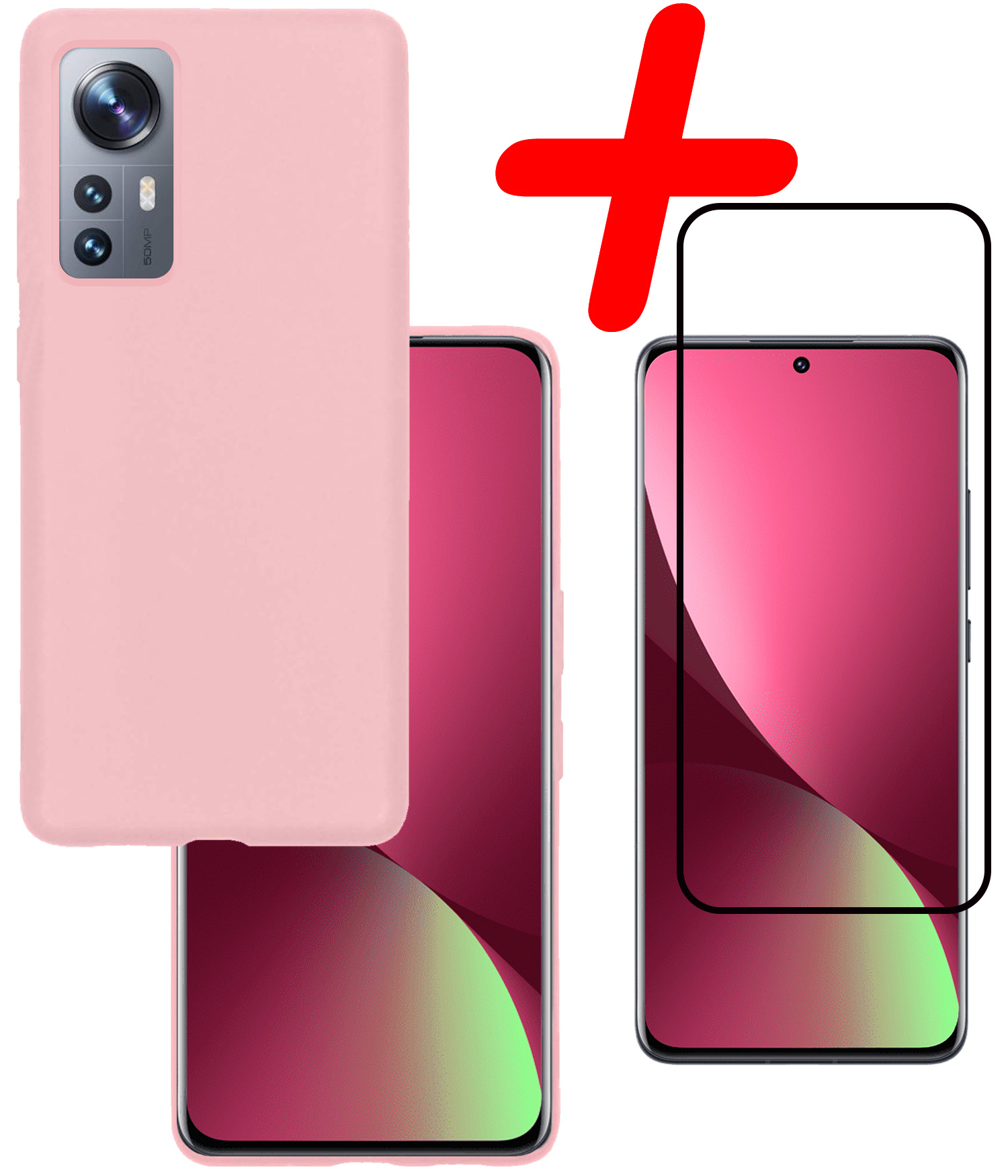 BASEY. Hoes Geschikt voor Xiaomi 12 Pro Hoesje Siliconen Back Cover Case Met Screenprotector - Hoesje Geschikt voor Xiaomi 12 Pro Hoes Cover Hoesje - Roze