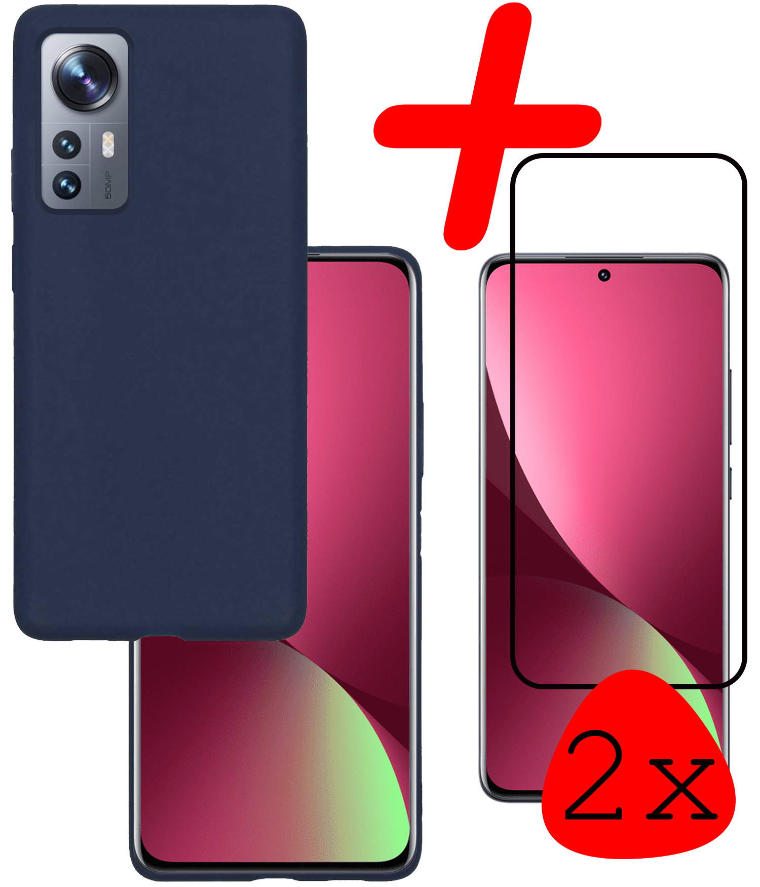 BASEY. Hoes Geschikt voor Xiaomi 12 Pro Hoesje Siliconen Back Cover Case Met 2x Screenprotector - Hoesje Geschikt voor Xiaomi 12 Pro Hoes Cover Hoesje - Donkerblauw