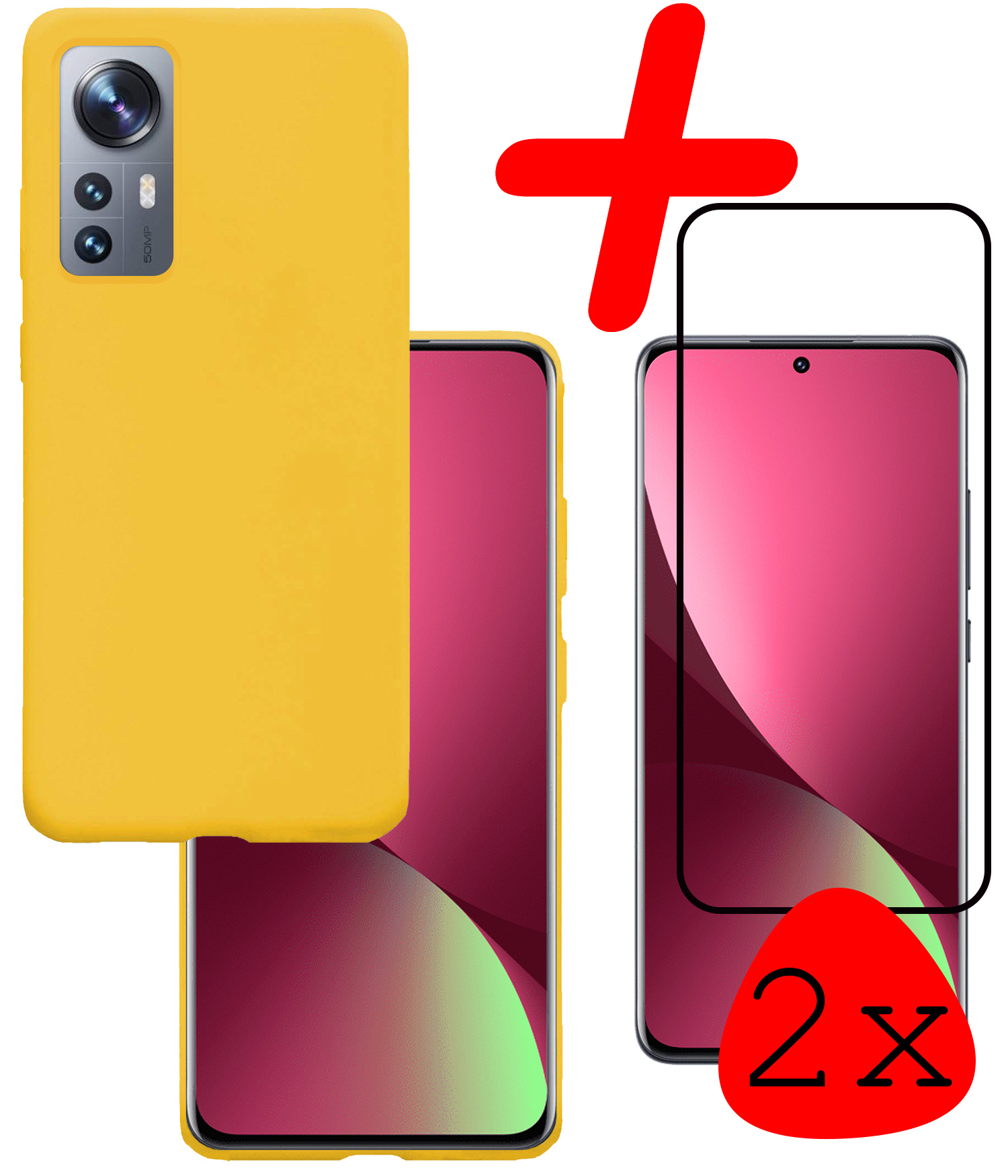 BASEY. Hoes Geschikt voor Xiaomi 12 Pro Hoesje Siliconen Back Cover Case Met 2x Screenprotector - Hoesje Geschikt voor Xiaomi 12 Pro Hoes Cover Hoesje - Geel