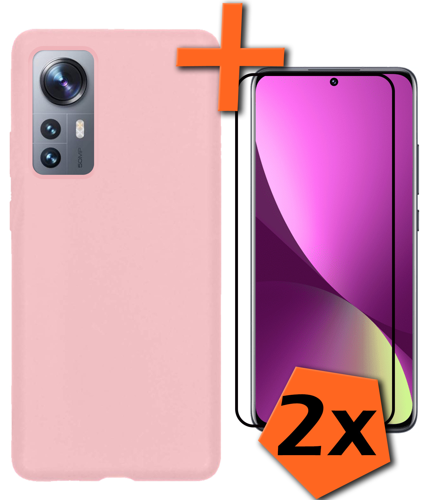 Nomfy Xiaomi 12 Pro Hoesje Siliconen Case Back Cover Met 2x Screenprotector - Xiaomi 12 Pro Hoes Cover Silicone - Licht Roze