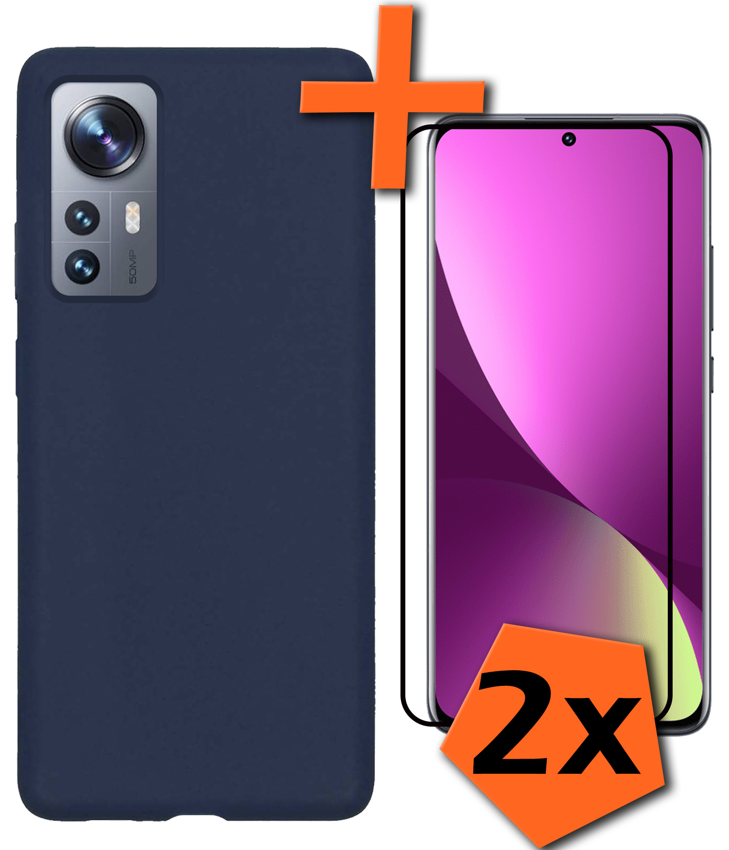 Nomfy Hoesje Geschikt voor Xiaomi 12 Pro Hoesje Siliconen Cover Case Met 2x Screenprotector - Hoes Geschikt voor Xiaomi 12 Pro Hoes Back Case - Donkerblauw