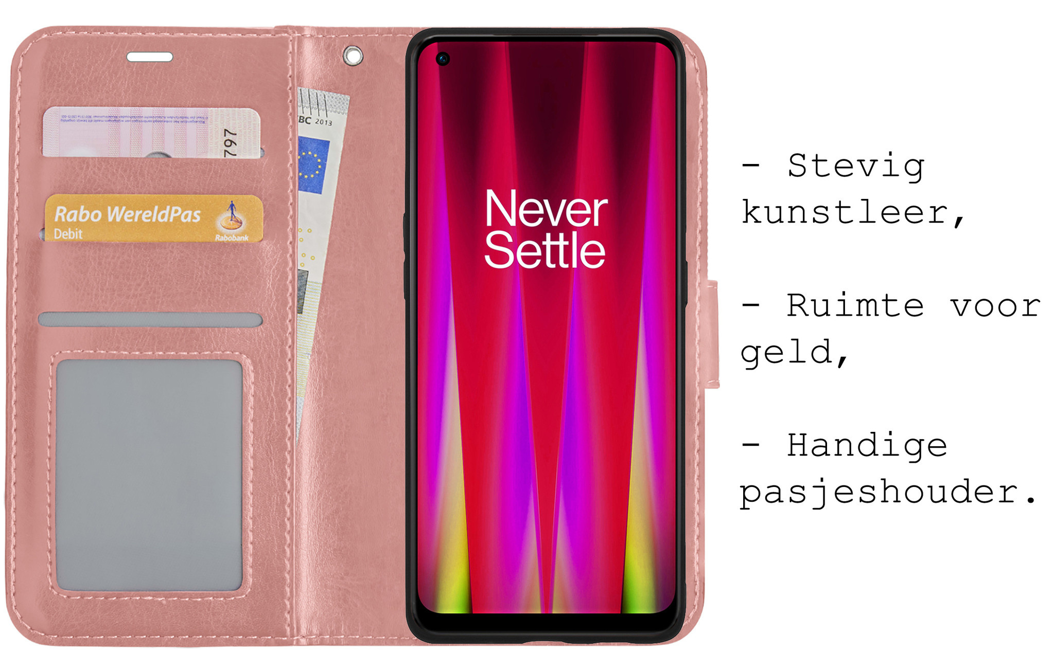 BASEY. Hoes Geschikt voor OnePlus Nord CE 2 Lite Hoesje Bookcase Hoes Flip Case Book Cover Met Screenprotector - Hoesje Geschikt voor OnePlus Nord CE 2 Lite Hoes Book Case Hoesje - Rosé goud