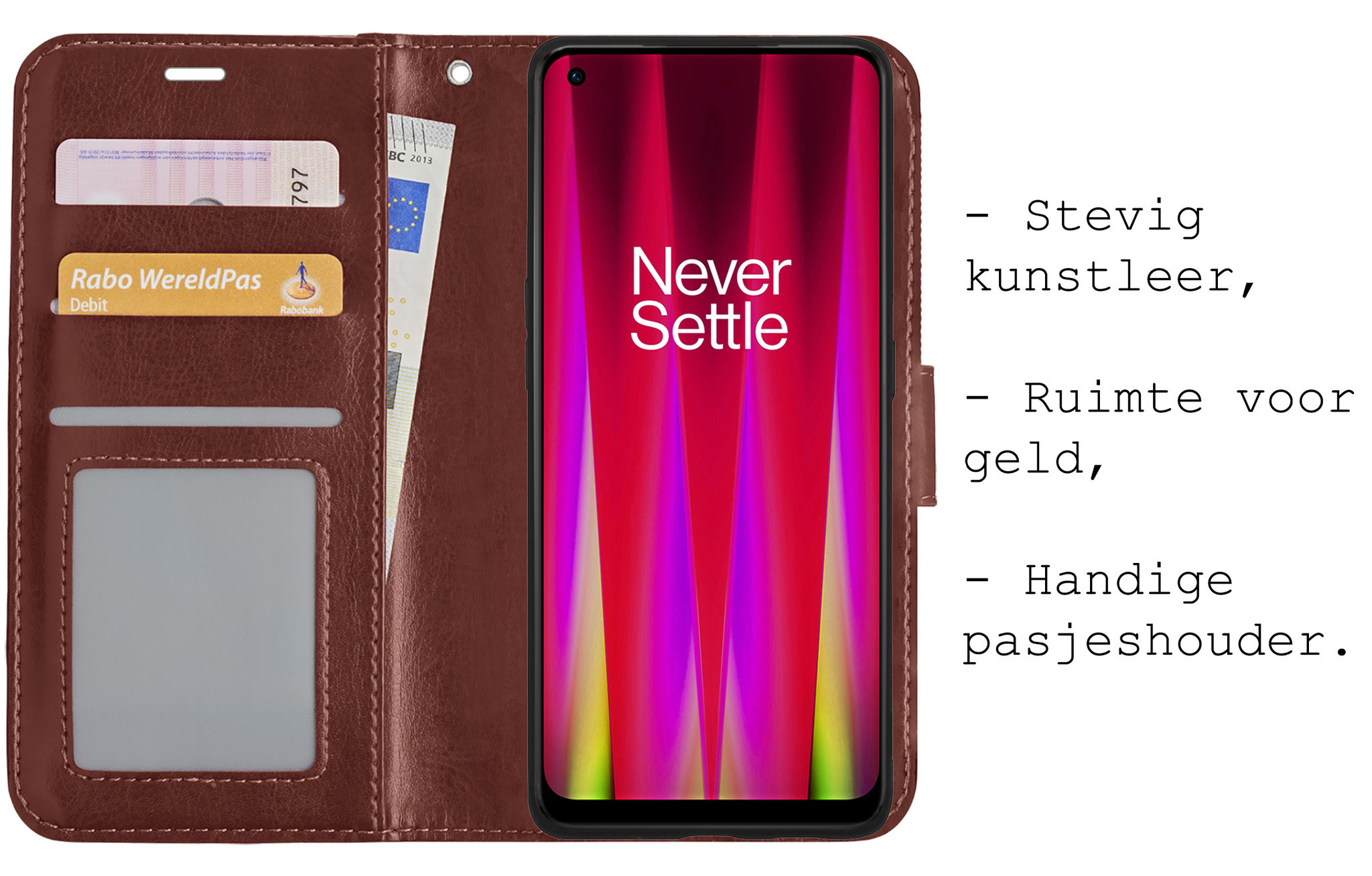 BASEY. Hoes Geschikt voor OnePlus Nord CE 2 Lite Hoesje Bookcase Hoes Flip Case Book Cover Met 2x Screenprotector - Hoesje Geschikt voor OnePlus Nord CE 2 Lite Hoes Book Case Hoesje - Bruin