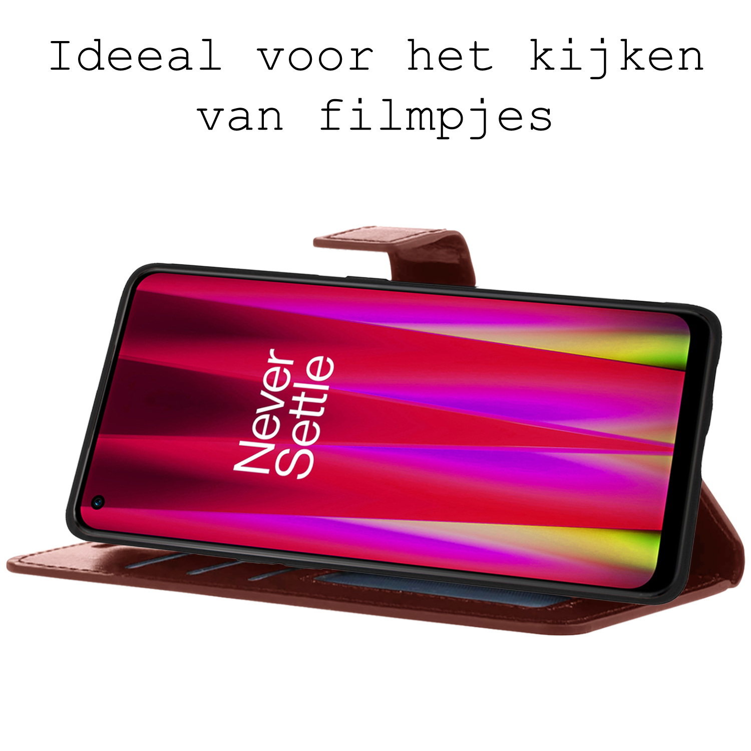 BASEY. Hoes Geschikt voor OnePlus Nord CE 2 Lite Hoesje Bookcase Hoes Flip Case Book Cover Met 2x Screenprotector - Hoesje Geschikt voor OnePlus Nord CE 2 Lite Hoes Book Case Hoesje - Bruin