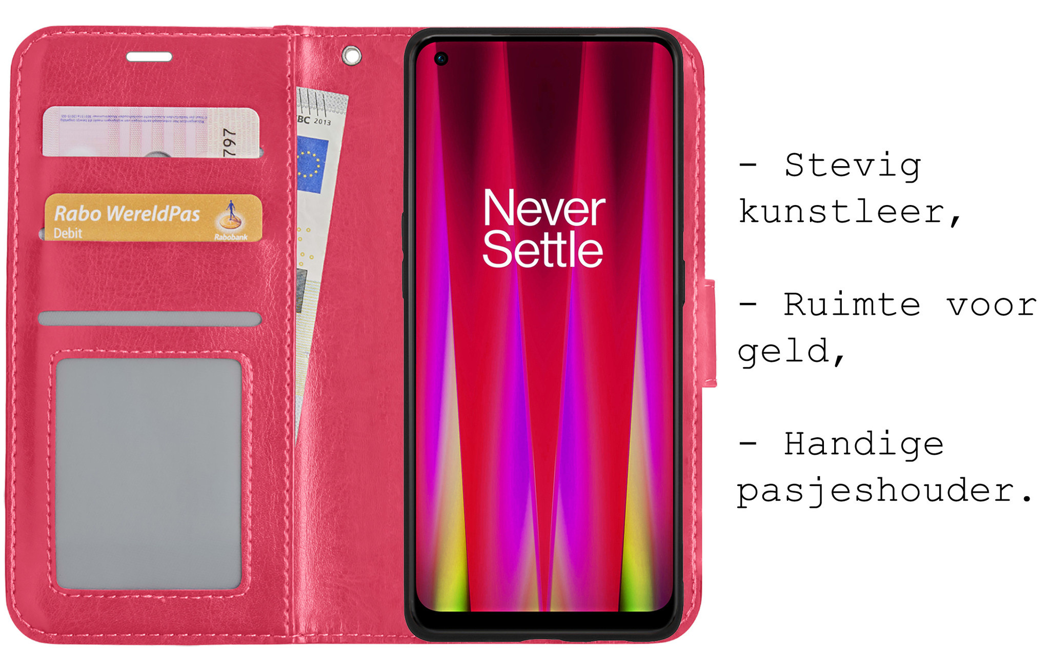 BASEY. Hoes Geschikt voor OnePlus Nord CE 2 Lite Hoesje Bookcase Hoes Flip Case Book Cover Met 2x Screenprotector - Hoesje Geschikt voor OnePlus Nord CE 2 Lite Hoes Book Case Hoesje - Donkerroze