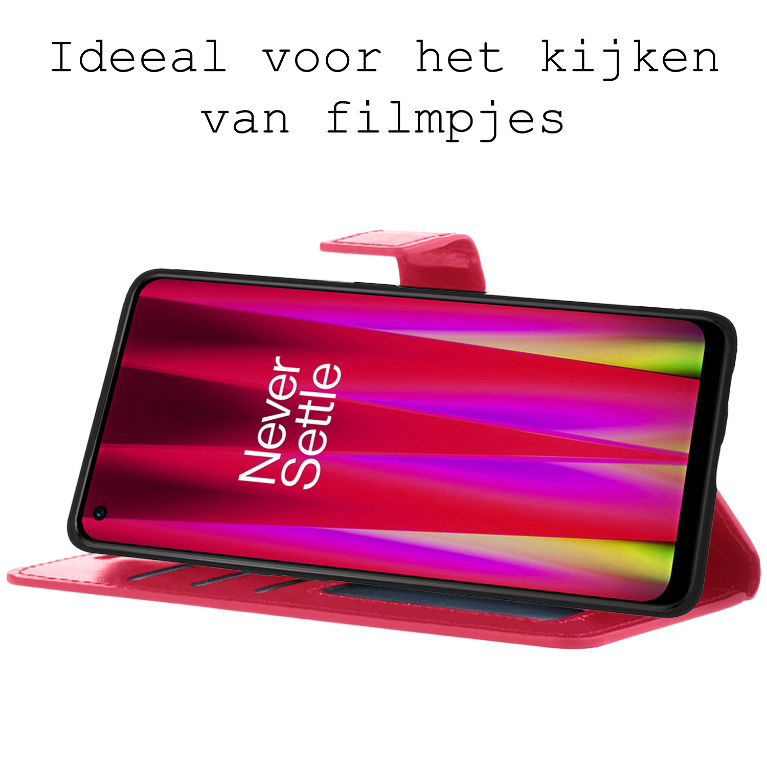 BASEY. Hoes Geschikt voor OnePlus Nord CE 2 Lite Hoesje Bookcase Hoes Flip Case Book Cover Met 2x Screenprotector - Hoesje Geschikt voor OnePlus Nord CE 2 Lite Hoes Book Case Hoesje - Donkerroze
