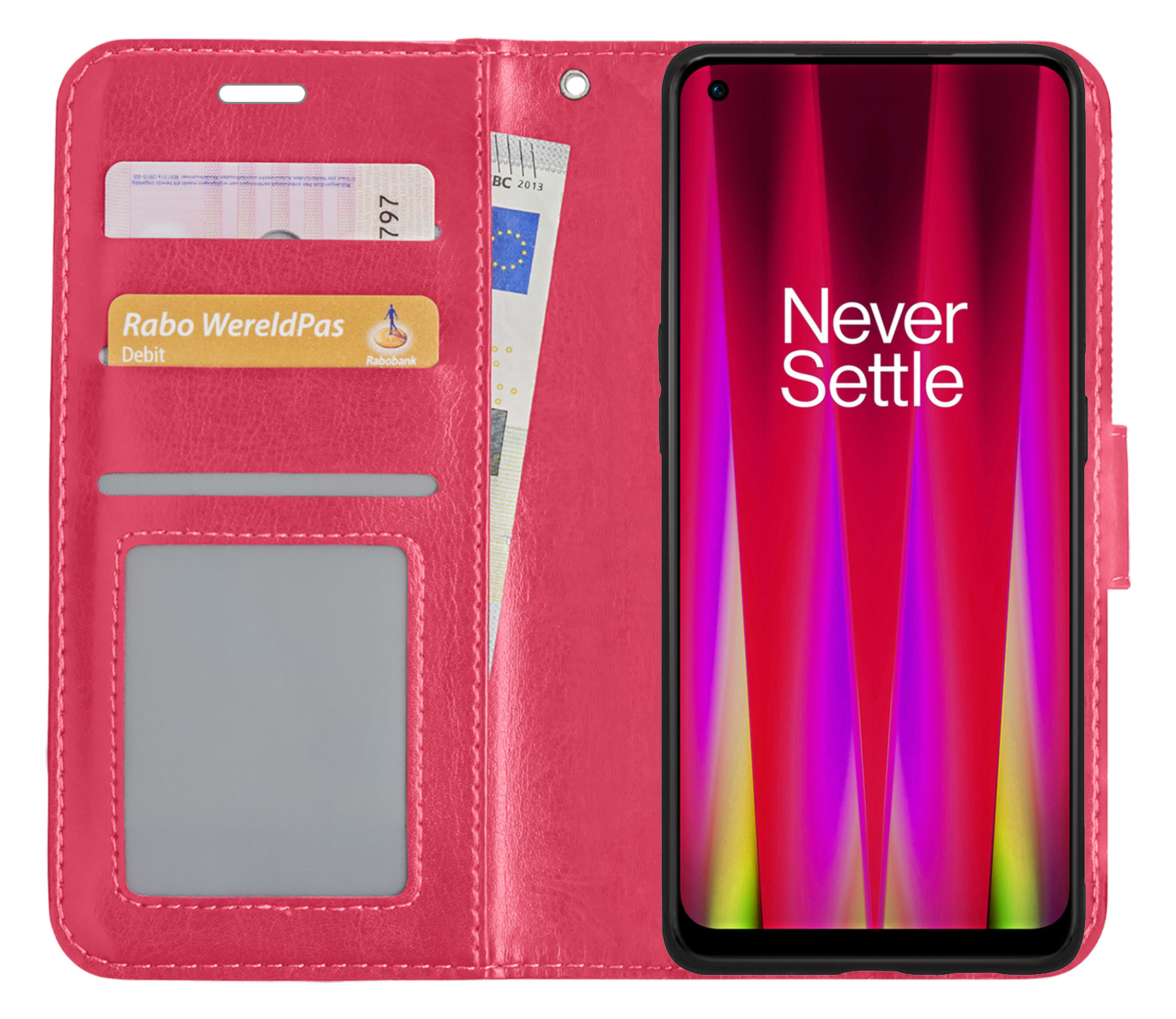 BASEY. Hoes Geschikt voor OnePlus Nord CE 2 Lite Hoesje Bookcase Hoes Flip Case Book Cover Met 2x Screenprotector - Hoesje Geschikt voor OnePlus Nord CE 2 Lite Hoes Book Case Hoesje - Donkerroze