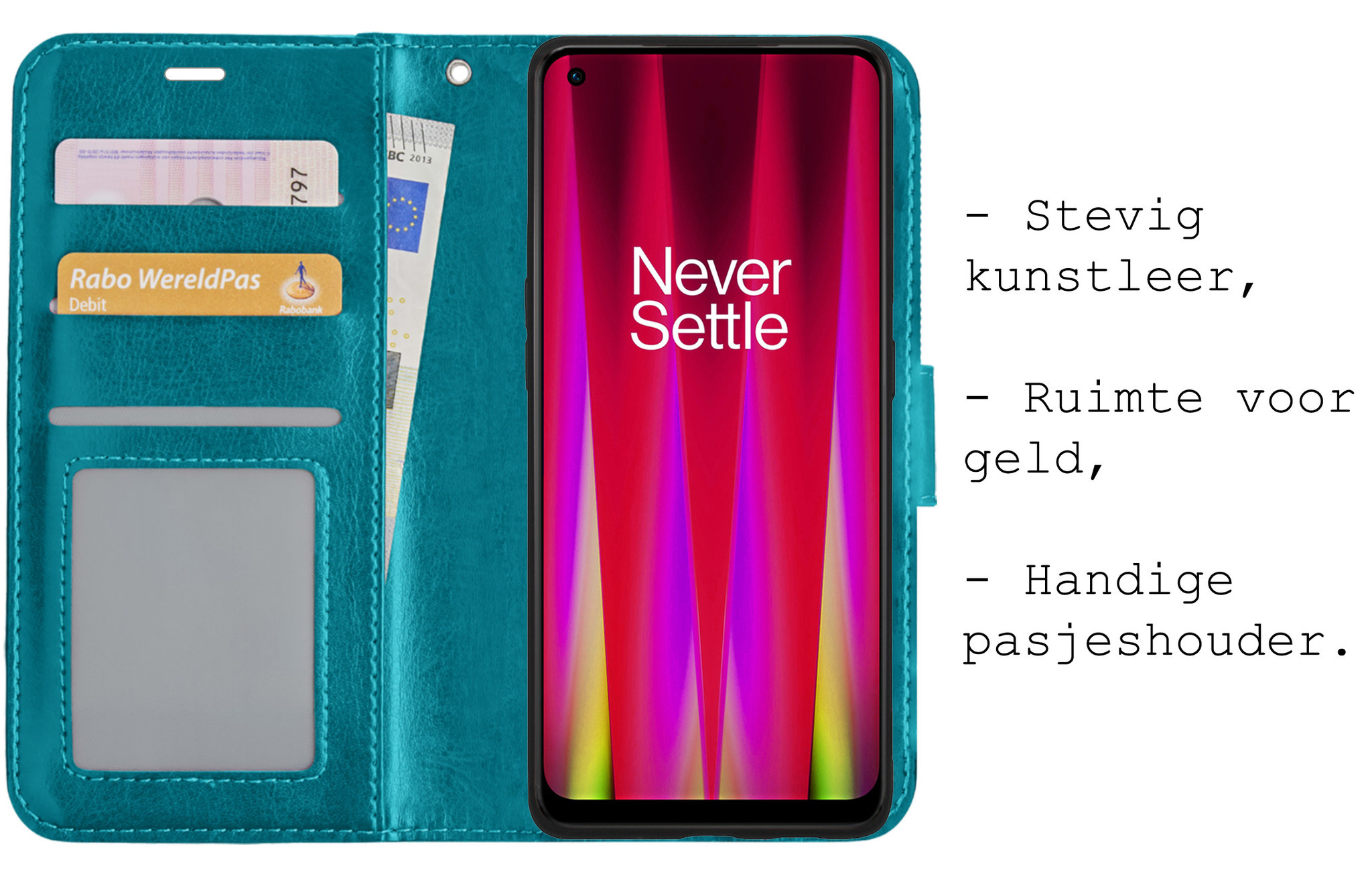 BASEY. Hoes Geschikt voor OnePlus Nord CE 2 Lite Hoesje Bookcase Hoes Flip Case Book Cover Met 2x Screenprotector - Hoesje Geschikt voor OnePlus Nord CE 2 Lite Hoes Book Case Hoesje - Turquoise