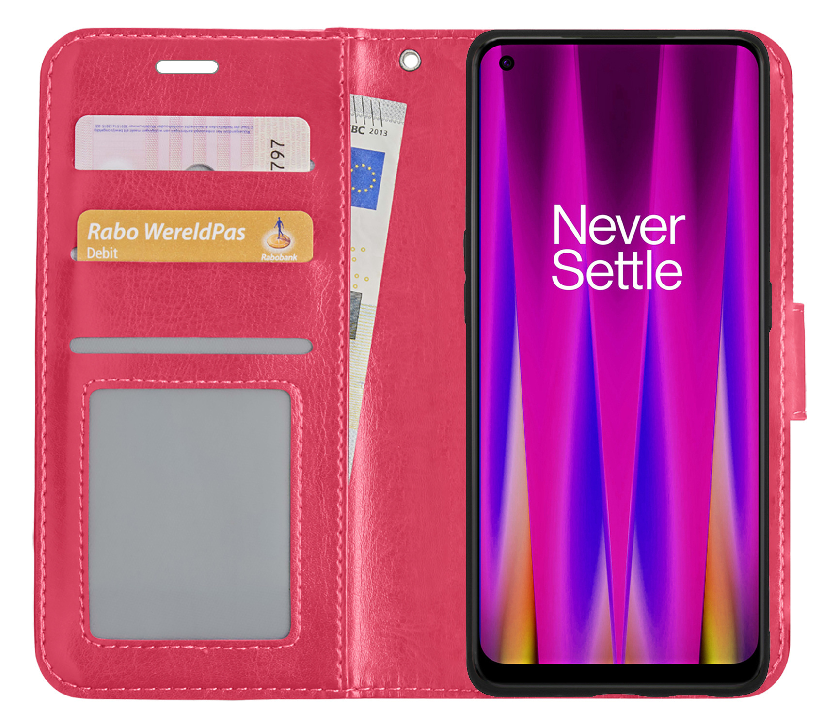 Nomfy Hoesje Geschikt voor OnePlus Nord CE 2 Lite Hoes Bookcase Flipcase Book Cover Met 2x Screenprotector - Hoes Geschikt voor OnePlus Nord CE 2 Lite Hoesje Book Case - Donkerroze