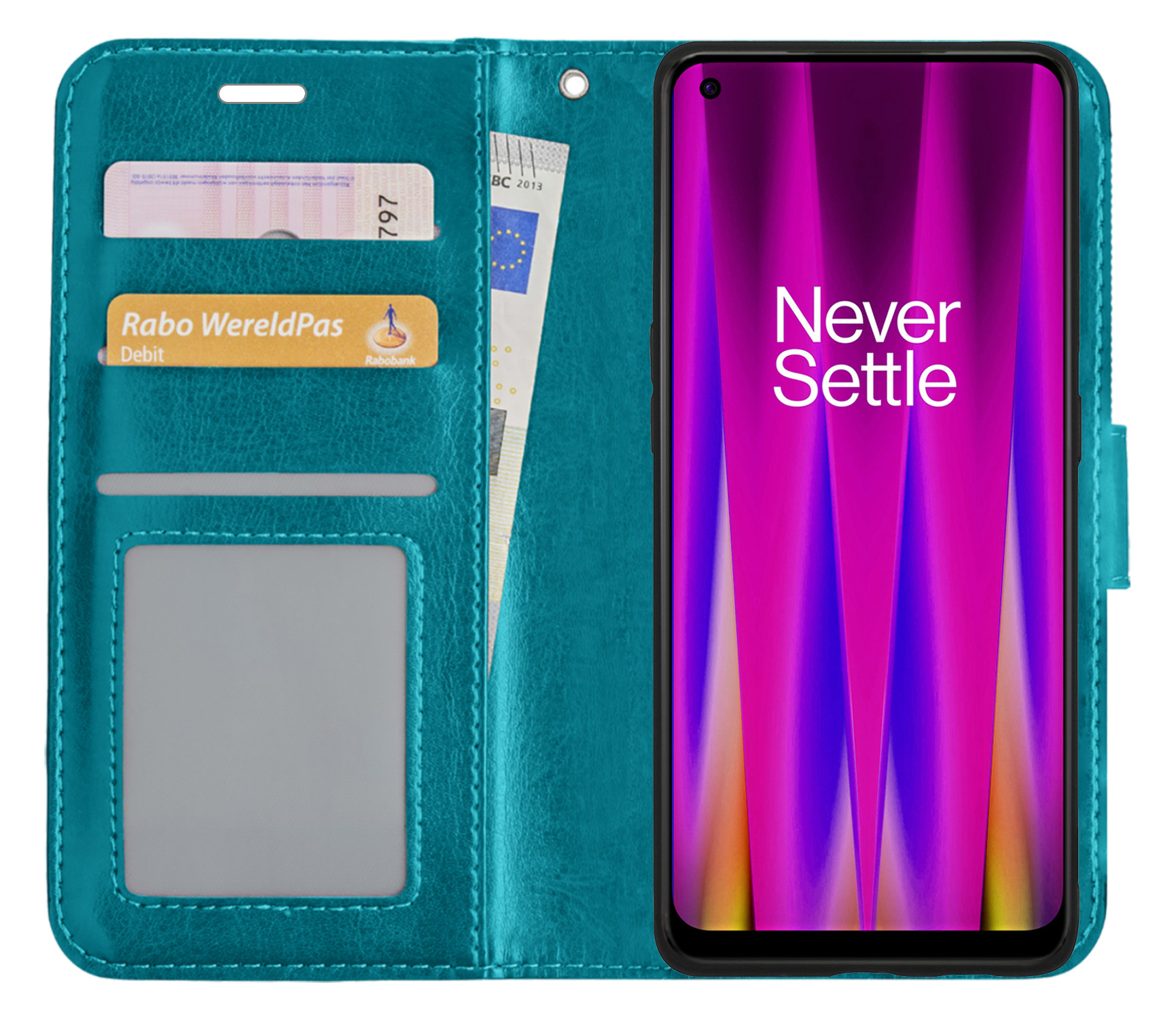 Nomfy Hoesje Geschikt voor OnePlus Nord CE 2 Lite Hoes Bookcase Flipcase Book Cover Met 2x Screenprotector - Hoes Geschikt voor OnePlus Nord CE 2 Lite Hoesje Book Case - Turquoise