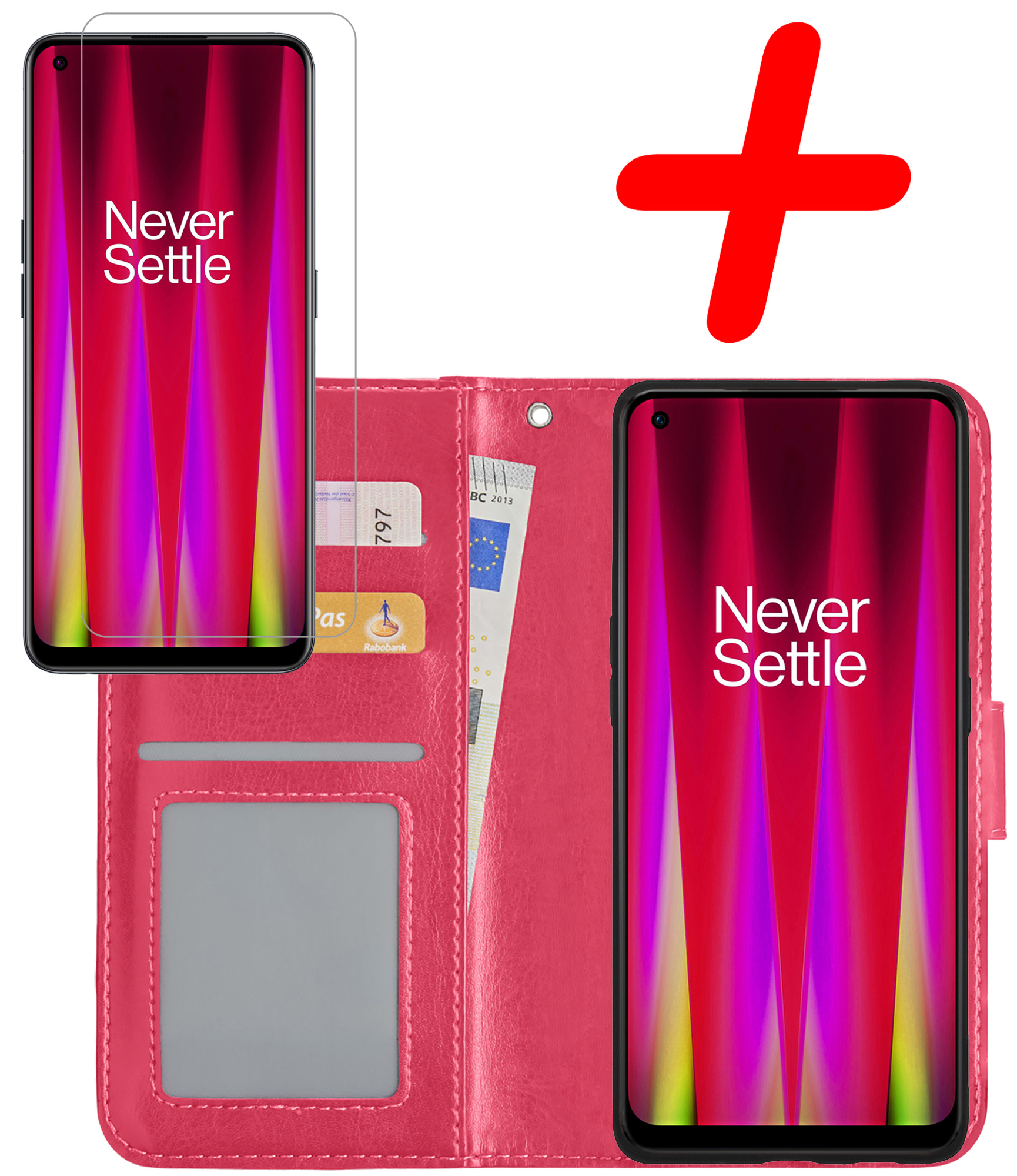 BASEY. Hoes Geschikt voor OnePlus Nord CE 2 Lite Hoesje Bookcase Hoes Flip Case Book Cover Met Screenprotector - Hoesje Geschikt voor OnePlus Nord CE 2 Lite Hoes Book Case Hoesje - Donkerroze