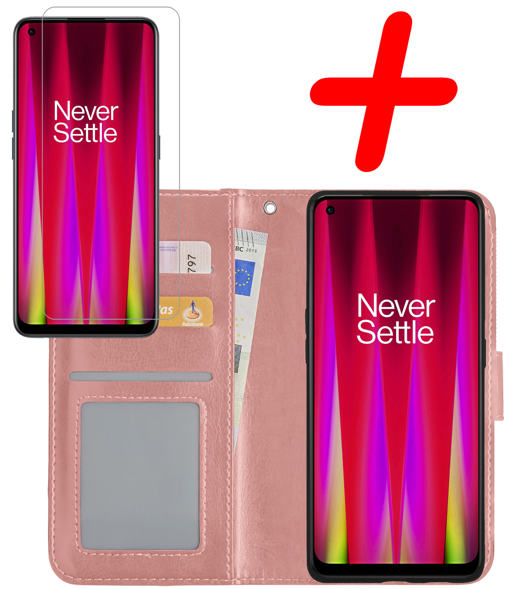 BASEY. Hoes Geschikt voor OnePlus Nord CE 2 Lite Hoesje Bookcase Hoes Flip Case Book Cover Met Screenprotector - Hoesje Geschikt voor OnePlus Nord CE 2 Lite Hoes Book Case Hoesje - Rosé goud