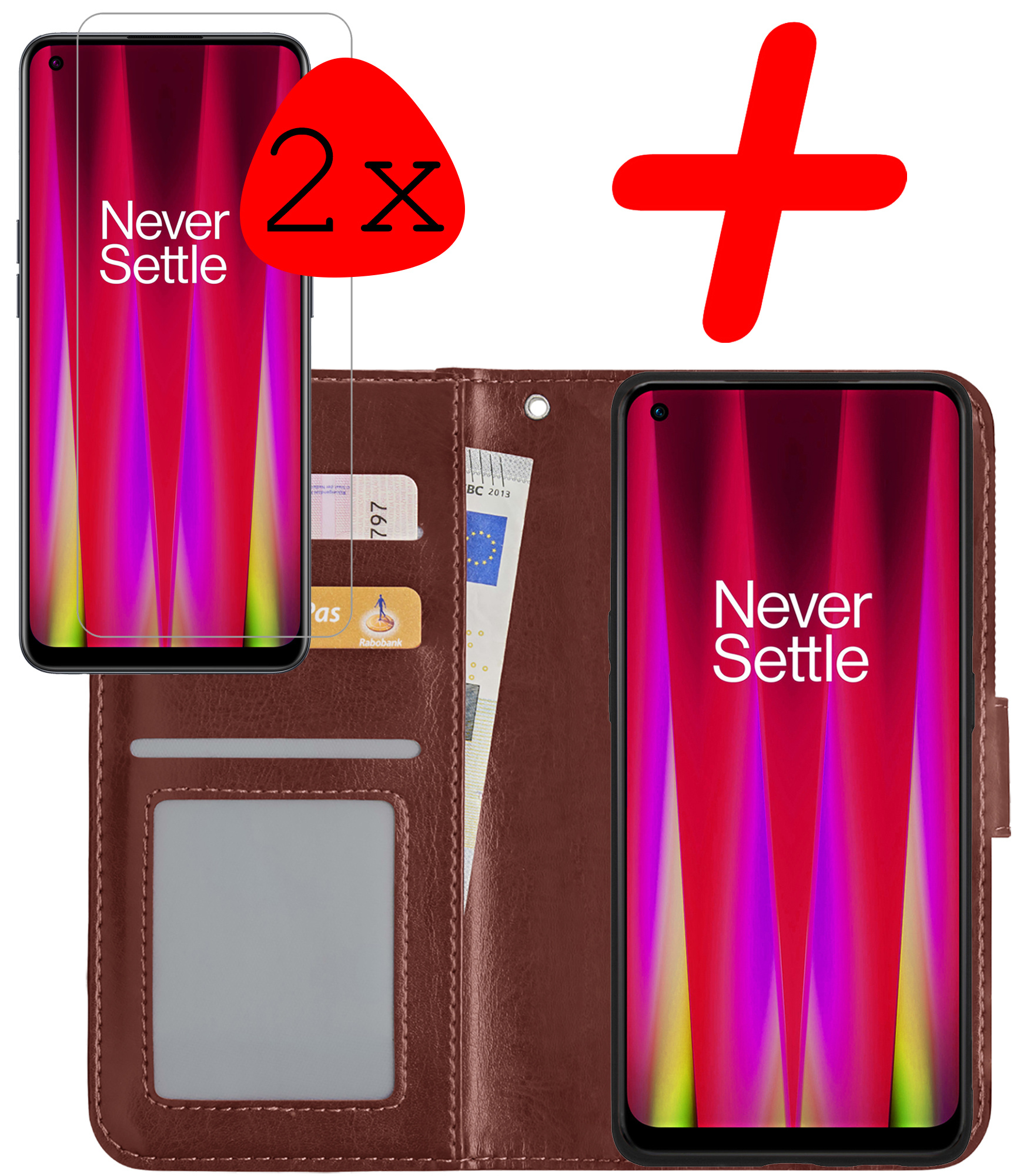 BASEY. Hoes Geschikt voor OnePlus Nord CE 2 Lite Hoesje Bookcase Hoes Flip Case Book Cover Met 2x Screenprotector - Hoesje Geschikt voor OnePlus Nord CE 2 Lite Hoes Book Case Hoesje - Bruin