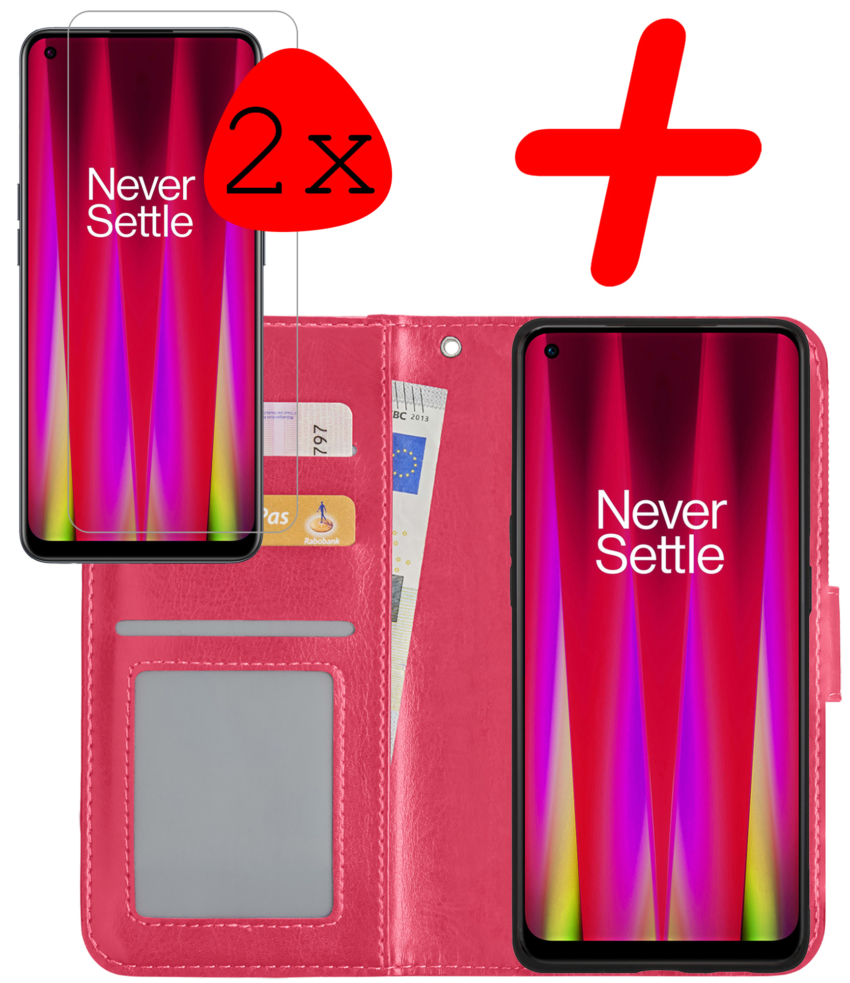 BASEY. Hoes Geschikt voor OnePlus Nord CE 2 Lite Hoesje Bookcase Hoes Flip Case Book Cover Met 2x Screenprotector - Hoesje Geschikt voor OnePlus Nord CE 2 Lite Hoes Book Case Hoesje - Donkerroze