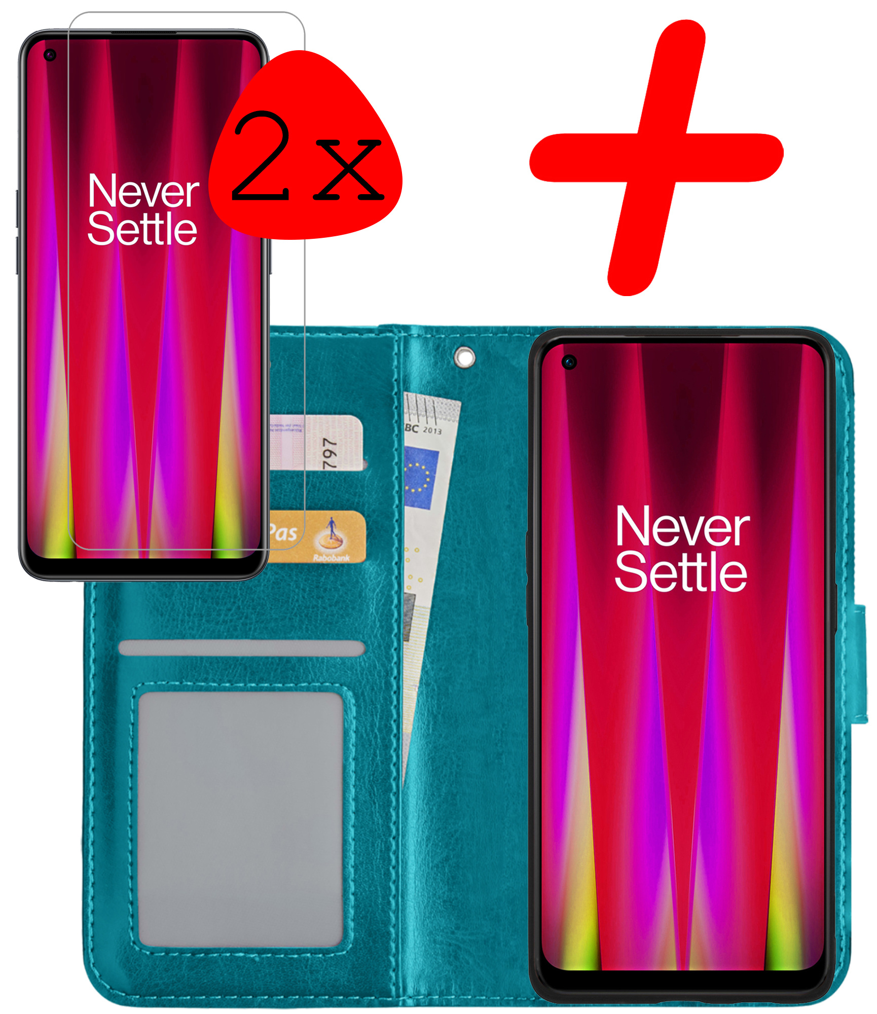 BASEY. Hoes Geschikt voor OnePlus Nord CE 2 Lite Hoesje Bookcase Hoes Flip Case Book Cover Met 2x Screenprotector - Hoesje Geschikt voor OnePlus Nord CE 2 Lite Hoes Book Case Hoesje - Turquoise