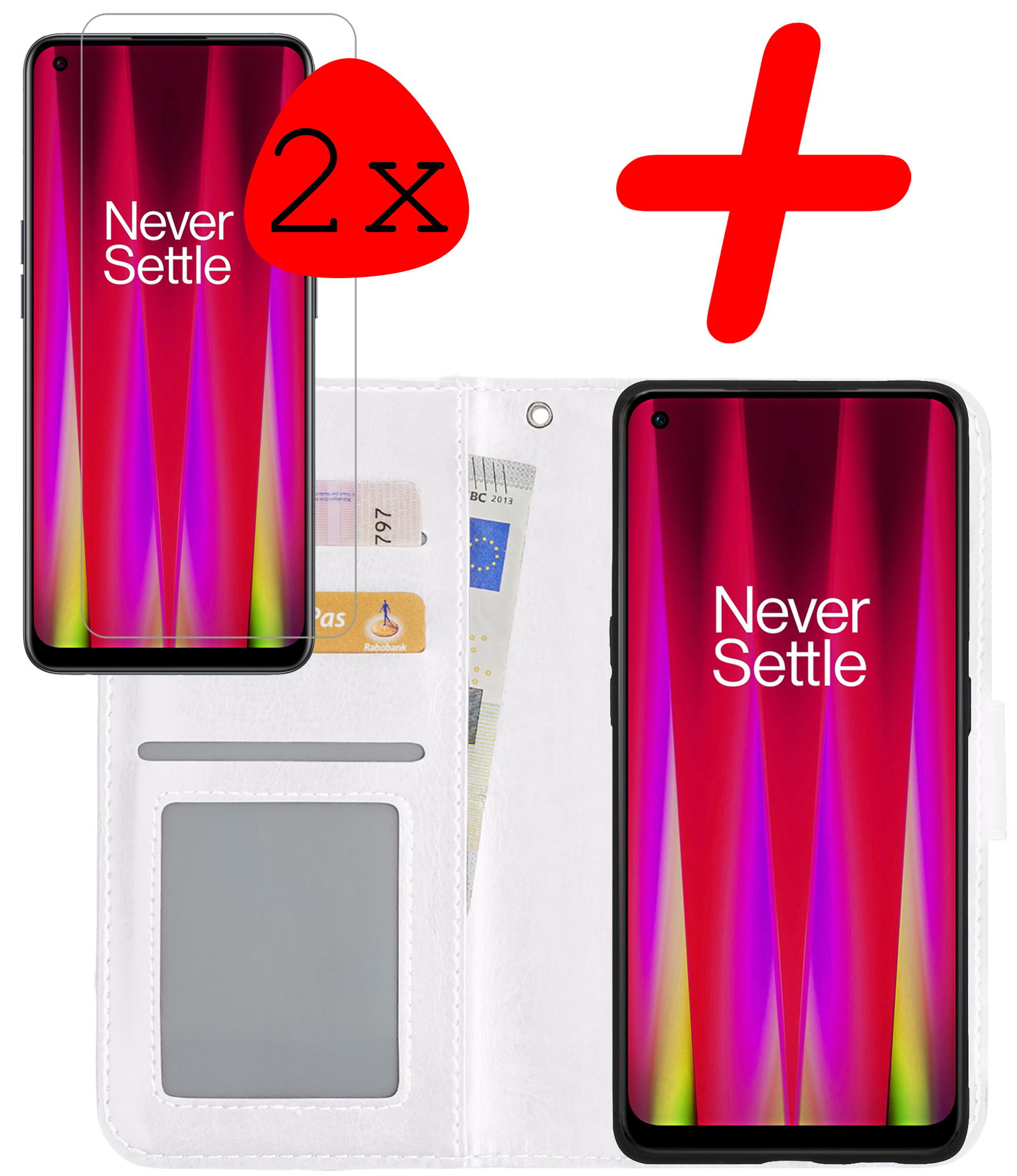 BASEY. Hoes Geschikt voor OnePlus Nord CE 2 Lite Hoesje Bookcase Hoes Flip Case Book Cover Met 2x Screenprotector - Hoesje Geschikt voor OnePlus Nord CE 2 Lite Hoes Book Case Hoesje - Wit