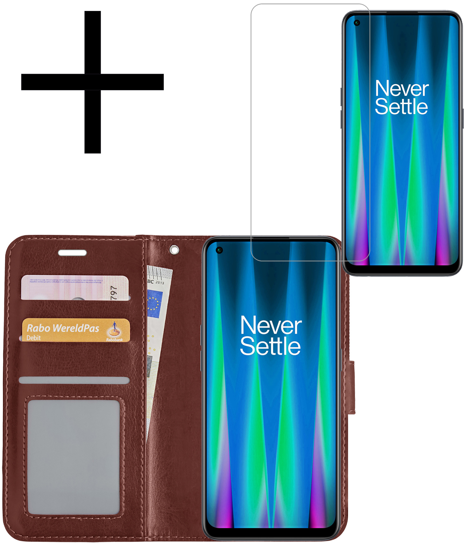 NoXx Hoes Geschikt voor OnePlus Nord CE 2 Lite Hoesje Book Case Hoes Flip Cover Wallet Bookcase Met Screenprotector - Bruin
