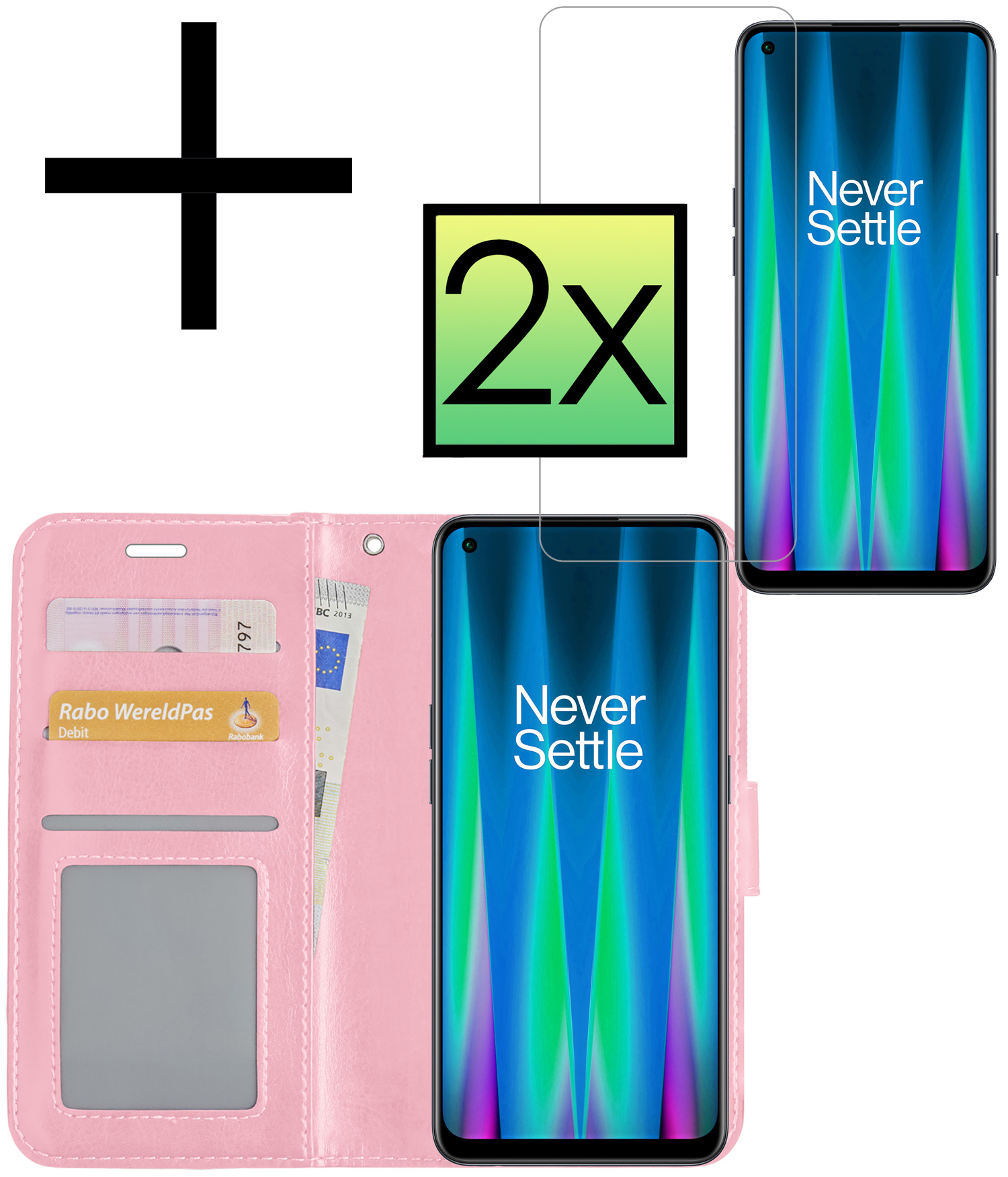 NoXx Hoes Geschikt voor OnePlus Nord CE 2 Lite Hoesje Book Case Hoes Flip Cover Wallet Bookcase Met 2x Screenprotector - Lichtroze