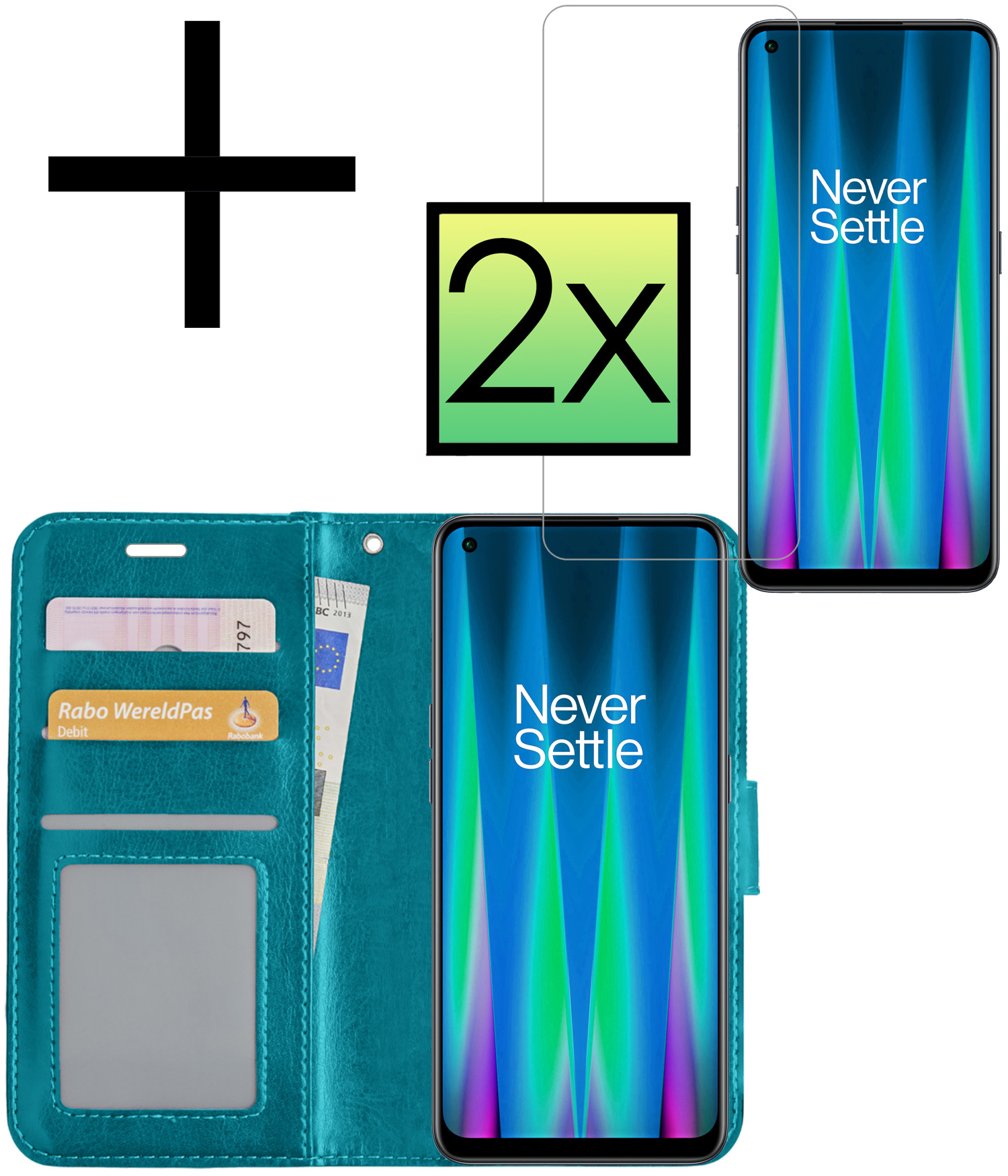 NoXx Hoes Geschikt voor OnePlus Nord CE 2 Lite Hoesje Book Case Hoes Flip Cover Wallet Bookcase Met 2x Screenprotector - Turquoise