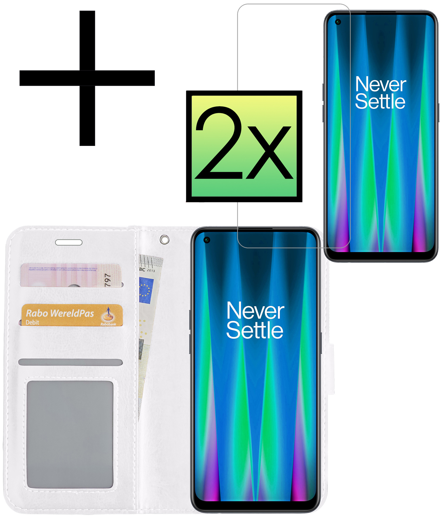 NoXx Hoes Geschikt voor OnePlus Nord CE 2 Lite Hoesje Book Case Hoes Flip Cover Wallet Bookcase Met 2x Screenprotector - Wit