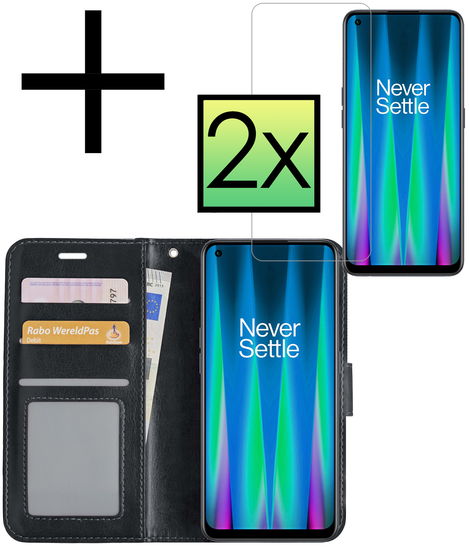 OnePlus Nord CE 2 Lite Hoesje Book Case Hoes Flip Cover Bookcase 2x Met Screenprotector - Zwart