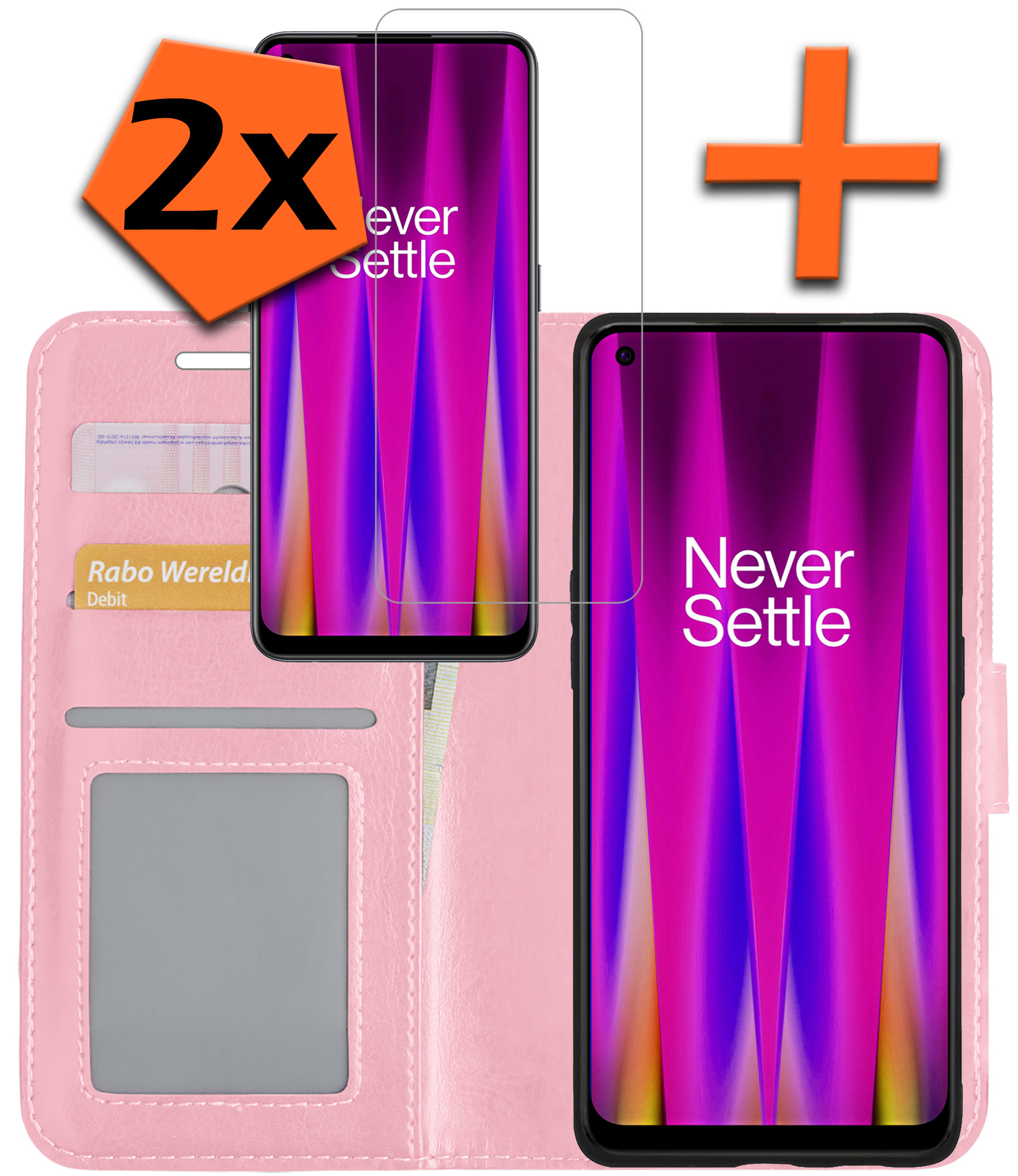 OnePlus Nord CE 2 Lite Hoes Bookcase Flipcase Book Cover Met 2x Screenprotector - OnePlus Nord CE 2 Lite Hoesje Book Case - Lichtroze