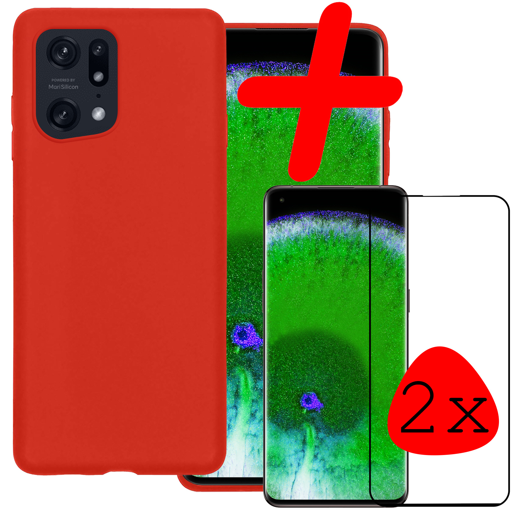 BASEY. Hoes Geschikt voor OPPO Find X5 Hoesje Siliconen Back Cover Case Met 2x Screenprotector - Hoesje Geschikt voor OPPO X5 Hoes Cover Hoesje - Rood