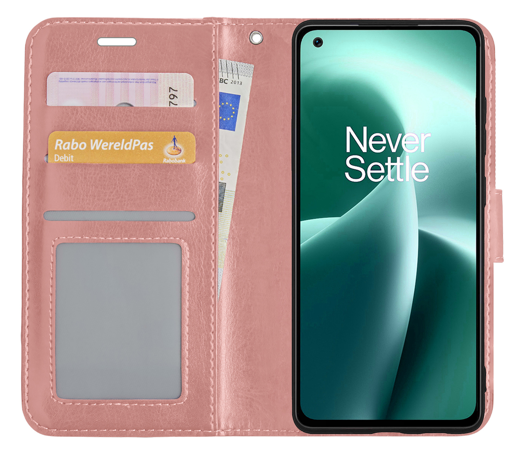 NoXx Hoes Geschikt voor OnePlus Nord 2T Hoesje Book Case Hoes Flip Cover Wallet Bookcase - Rosé goud