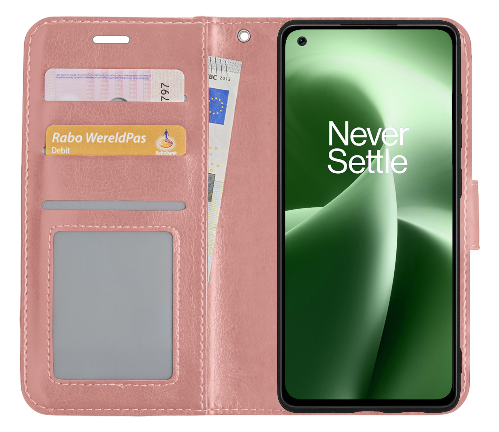 BASEY. Hoes Geschikt voor OnePlus Nord 2T Hoesje Bookcase Hoes Flip Case Book Cover - Hoesje Geschikt voor OnePlus Nord 2T Hoes Book Case Hoesje - Rosé goud