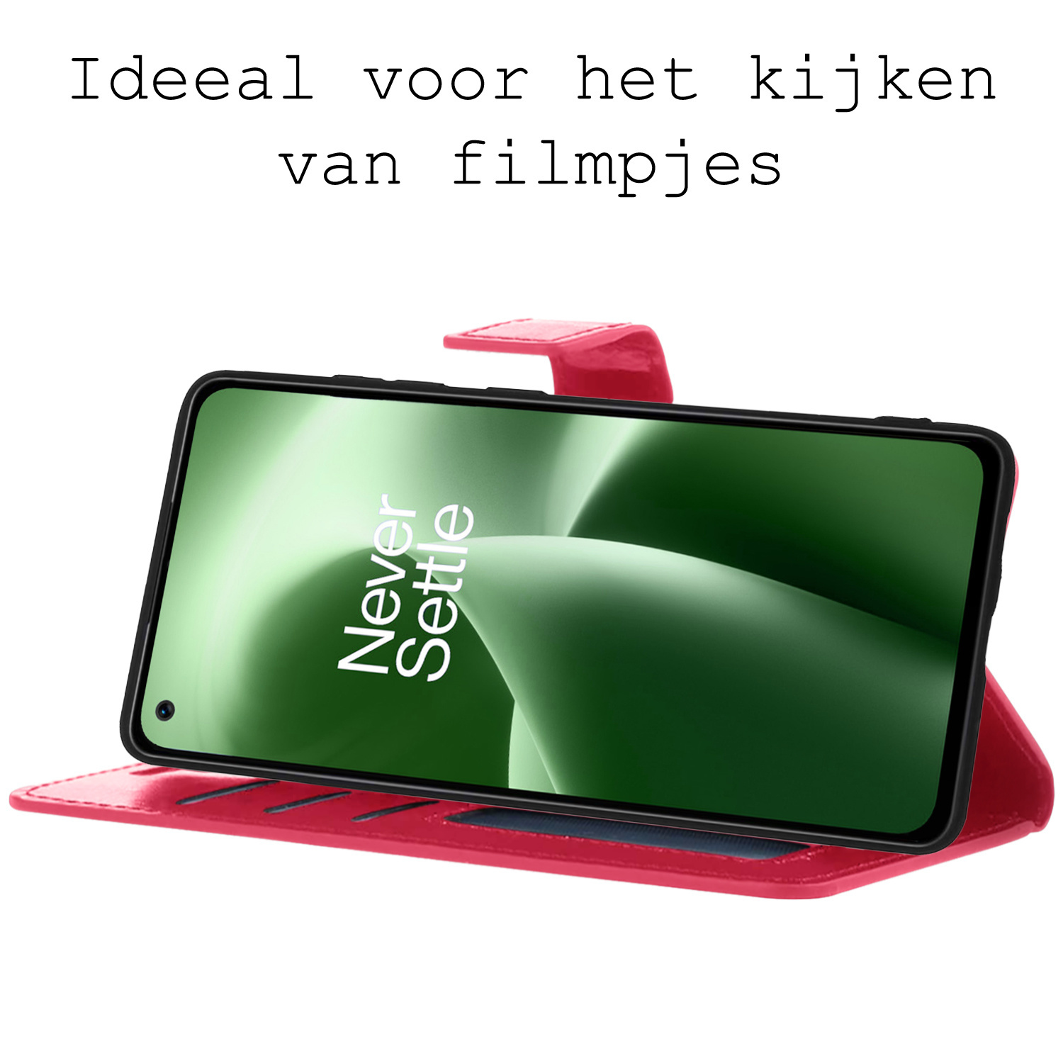 BASEY. Hoes Geschikt voor OnePlus Nord 2T Hoesje Bookcase Hoes Flip Case Book Cover Met Screenprotector - Hoesje Geschikt voor OnePlus Nord 2T Hoes Book Case Hoesje - Donkerroze