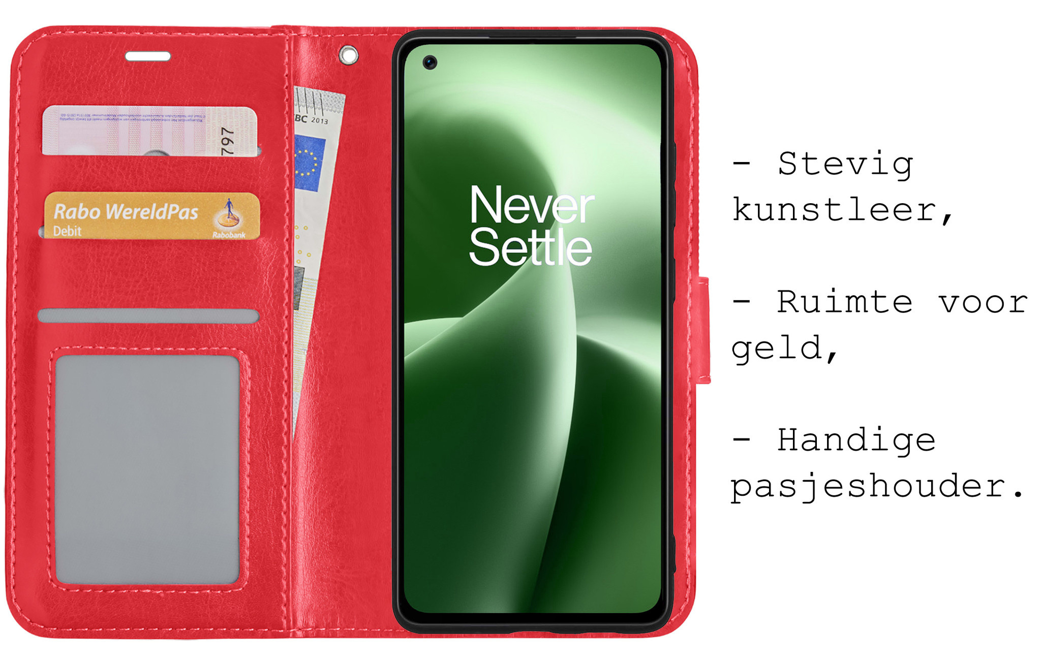 BASEY. Hoes Geschikt voor OnePlus Nord 2T Hoesje Bookcase Hoes Flip Case Book Cover Met Screenprotector - Hoesje Geschikt voor OnePlus Nord 2T Hoes Book Case Hoesje - Rood