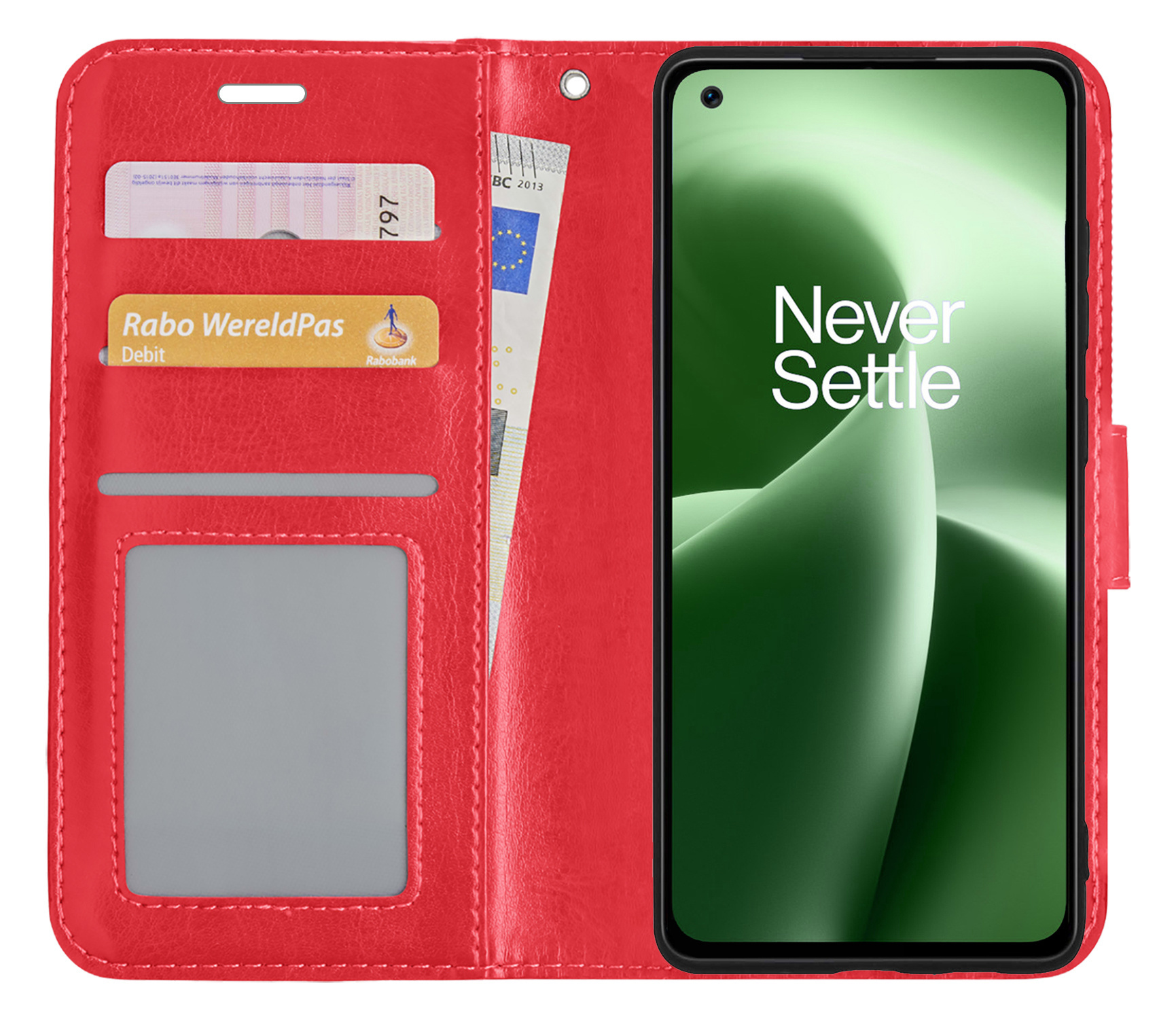 BASEY. Hoes Geschikt voor OnePlus Nord 2T Hoesje Bookcase Hoes Flip Case Book Cover Met Screenprotector - Hoesje Geschikt voor OnePlus Nord 2T Hoes Book Case Hoesje - Rood