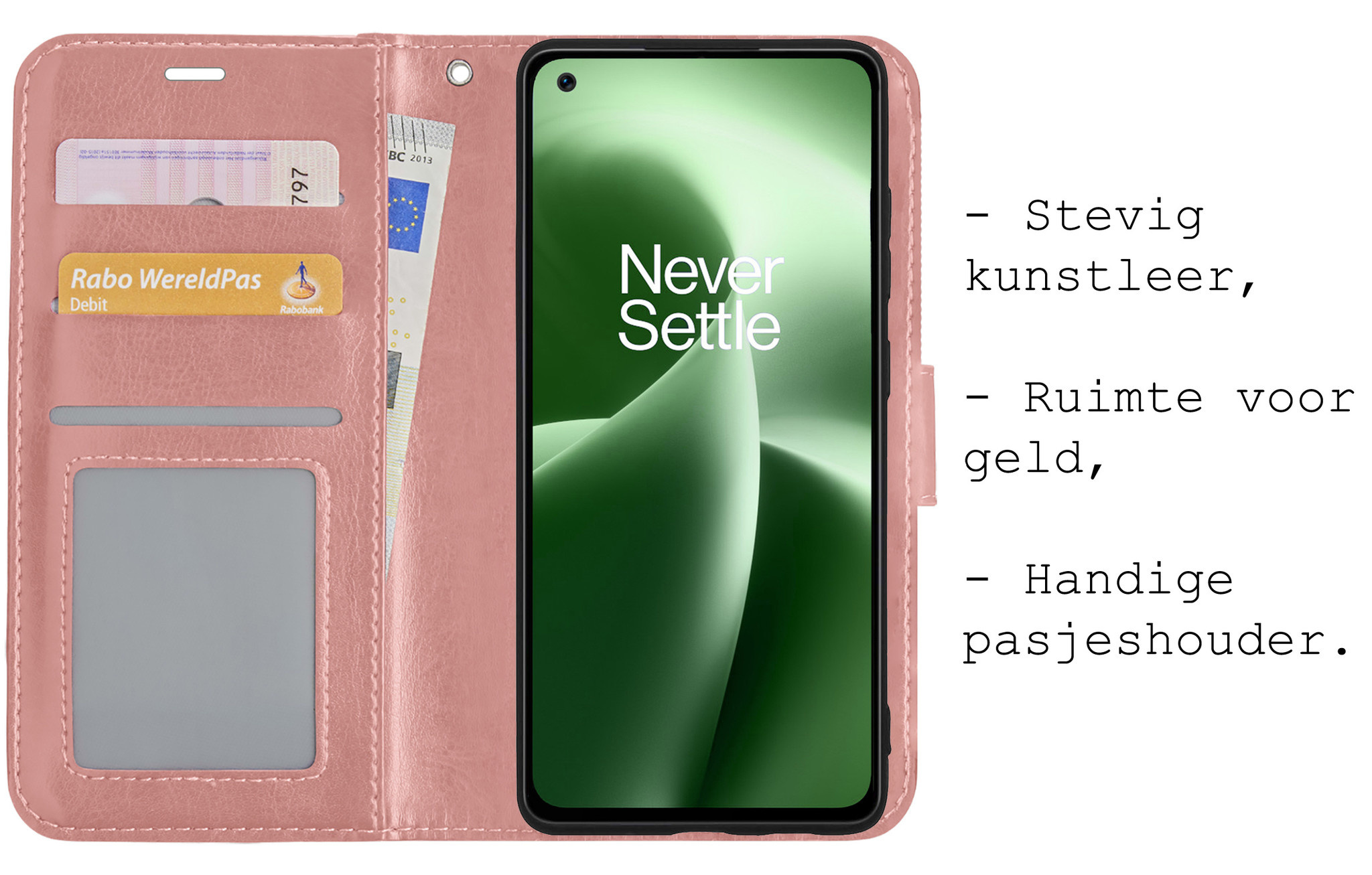 BASEY. Hoes Geschikt voor OnePlus Nord 2T Hoesje Bookcase Hoes Flip Case Book Cover Met Screenprotector - Hoesje Geschikt voor OnePlus Nord 2T Hoes Book Case Hoesje - Rosé goud