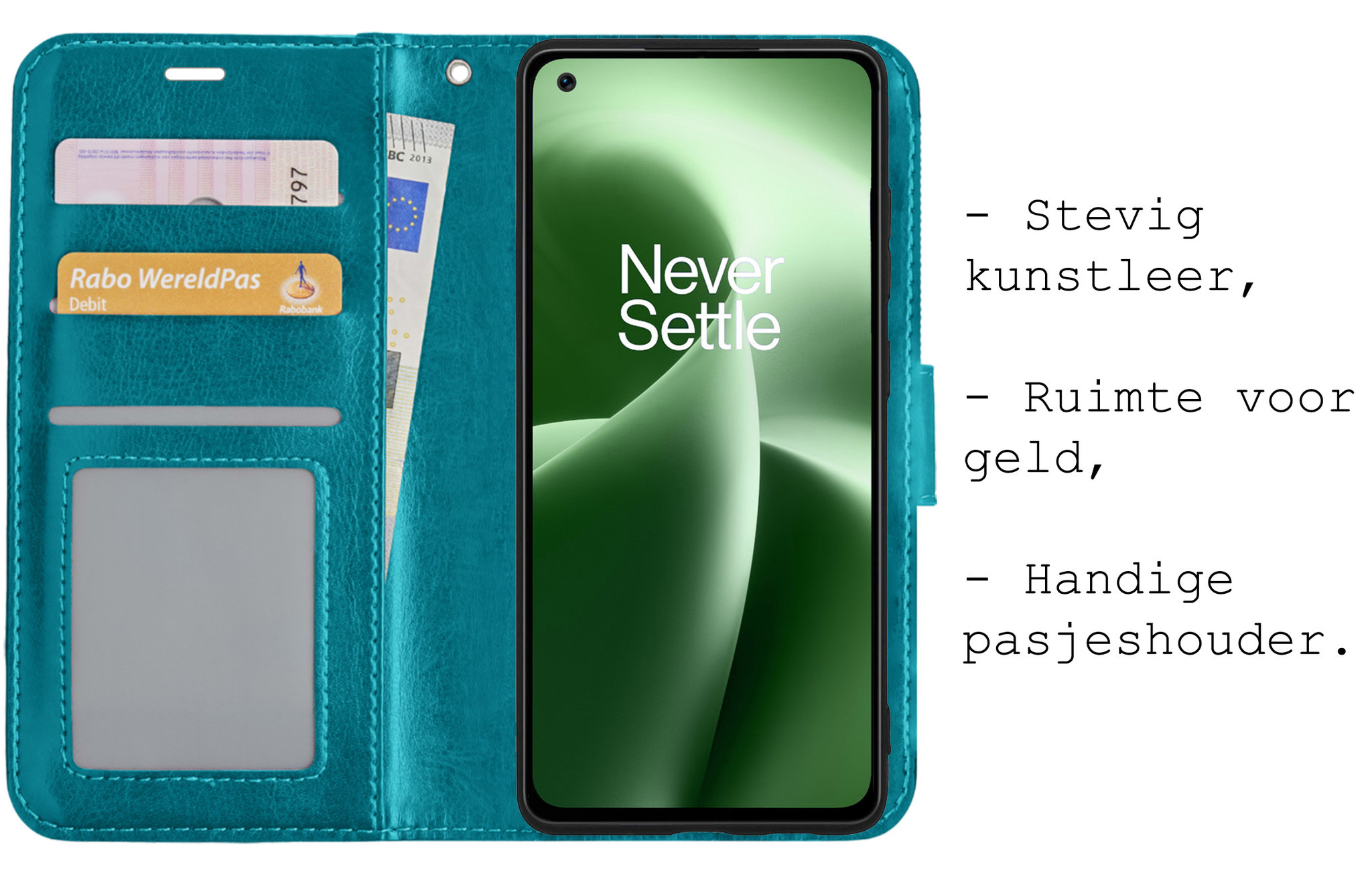BASEY. Hoes Geschikt voor OnePlus Nord 2T Hoesje Bookcase Hoes Flip Case Book Cover Met Screenprotector - Hoesje Geschikt voor OnePlus Nord 2T Hoes Book Case Hoesje - Turquoise