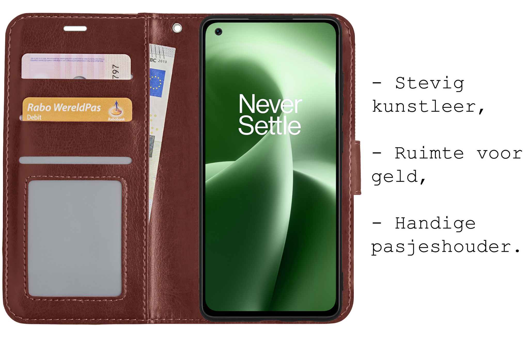 BASEY. Hoes Geschikt voor OnePlus Nord 2T Hoesje Bookcase Hoes Flip Case Book Cover Met 2x Screenprotector - Hoesje Geschikt voor OnePlus Nord 2T Hoes Book Case Hoesje - Bruin