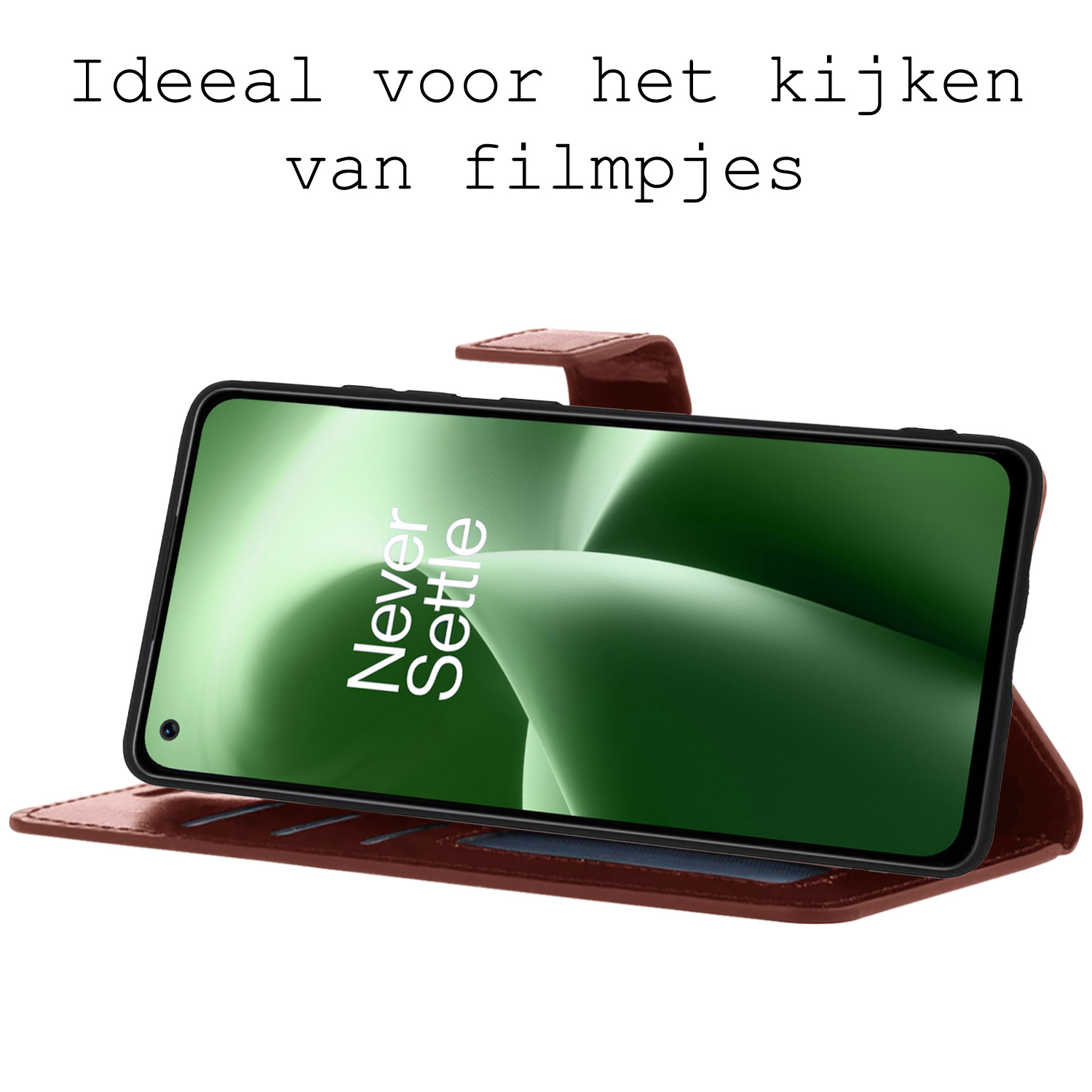 BASEY. Hoes Geschikt voor OnePlus Nord 2T Hoesje Bookcase Hoes Flip Case Book Cover Met 2x Screenprotector - Hoesje Geschikt voor OnePlus Nord 2T Hoes Book Case Hoesje - Bruin