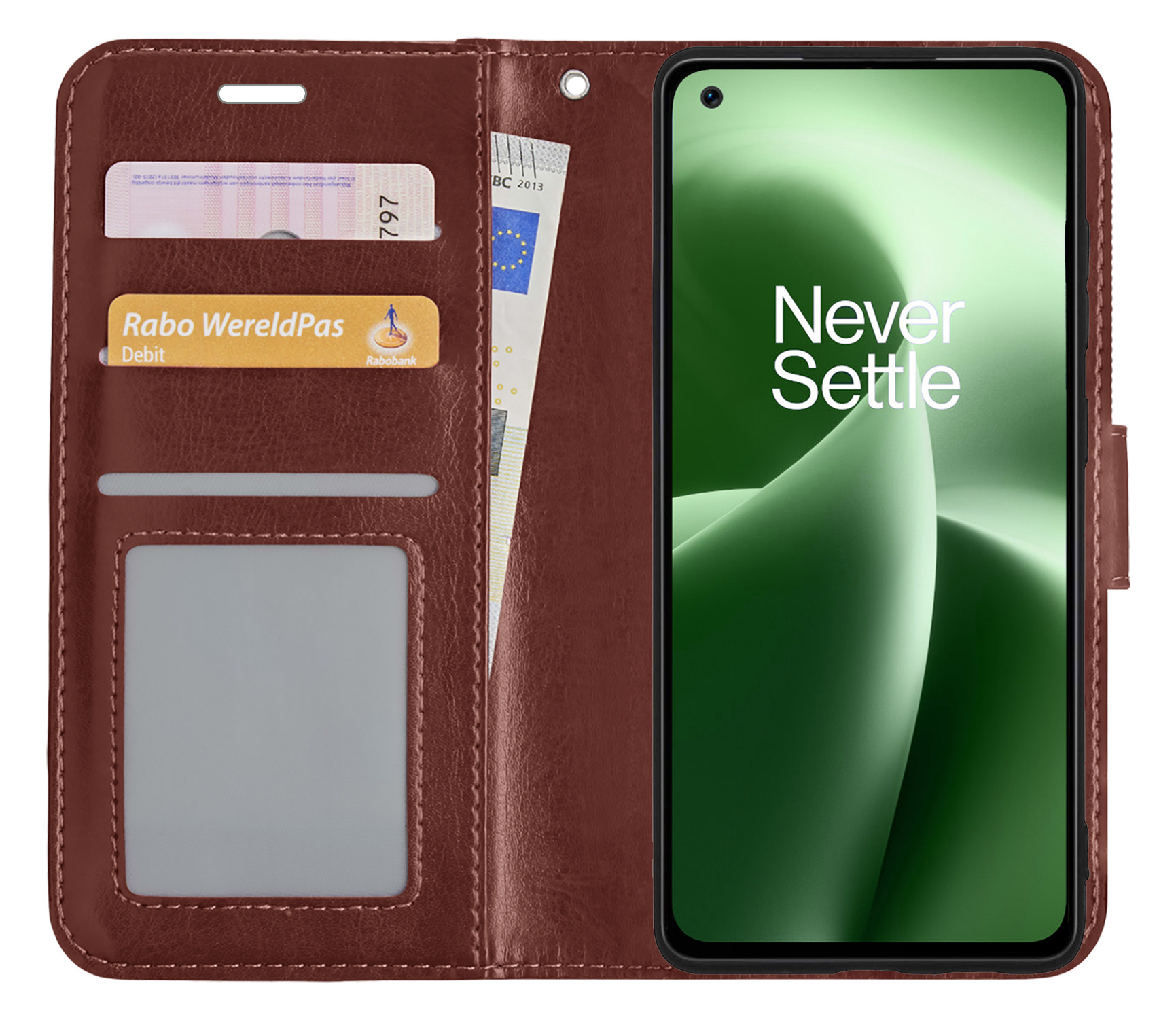BASEY. Hoes Geschikt voor OnePlus Nord 2T Hoesje Bookcase Hoes Flip Case Book Cover Met 2x Screenprotector - Hoesje Geschikt voor OnePlus Nord 2T Hoes Book Case Hoesje - Bruin