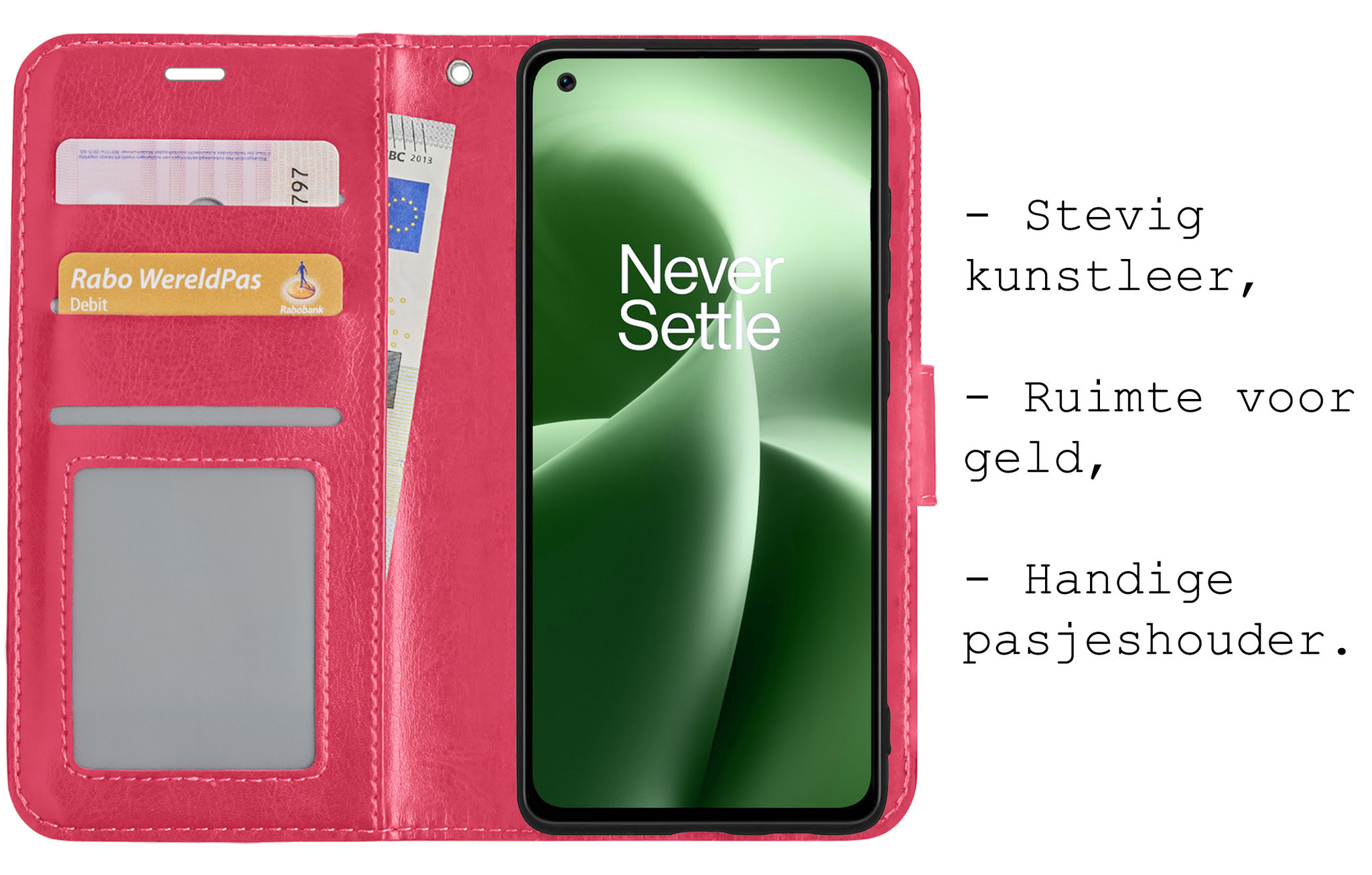 BASEY. Hoes Geschikt voor OnePlus Nord 2T Hoesje Bookcase Hoes Flip Case Book Cover Met 2x Screenprotector - Hoesje Geschikt voor OnePlus Nord 2T Hoes Book Case Hoesje - Donkerroze