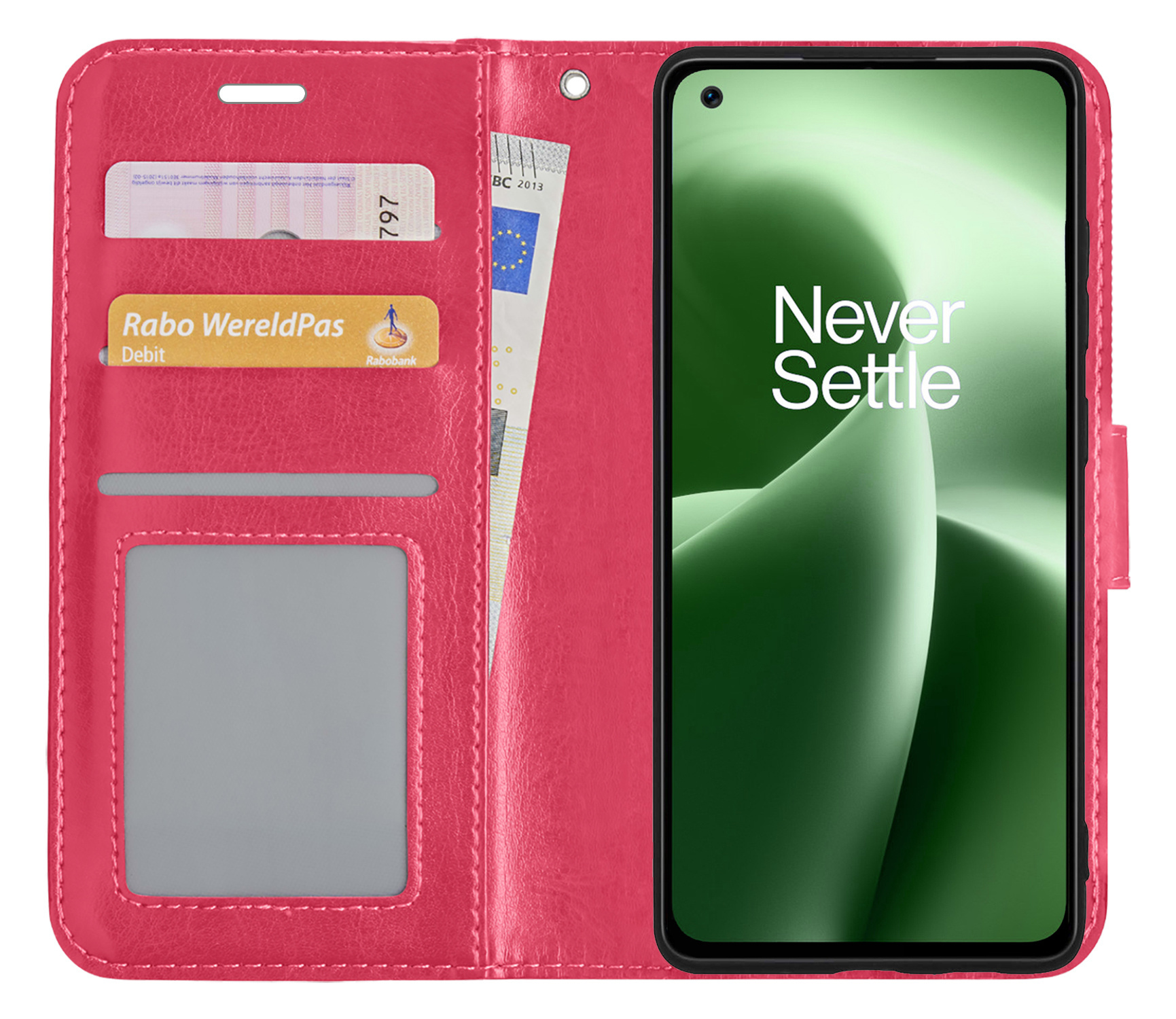 BASEY. Hoes Geschikt voor OnePlus Nord 2T Hoesje Bookcase Hoes Flip Case Book Cover Met 2x Screenprotector - Hoesje Geschikt voor OnePlus Nord 2T Hoes Book Case Hoesje - Donkerroze