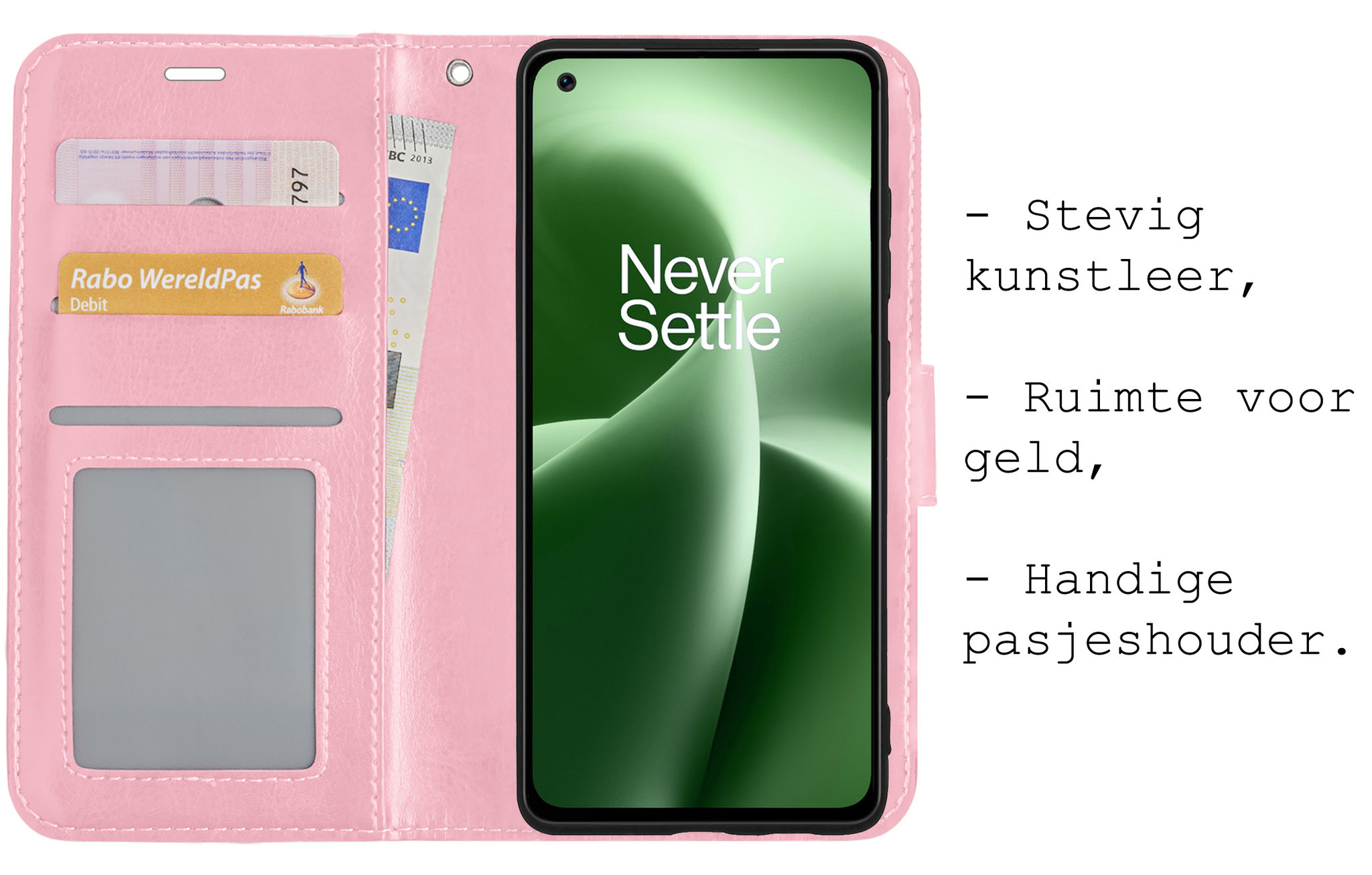 BASEY. Hoes Geschikt voor OnePlus Nord 2T Hoesje Bookcase Hoes Flip Case Book Cover Met 2x Screenprotector - Hoesje Geschikt voor OnePlus Nord 2T Hoes Book Case Hoesje - Lichtroze